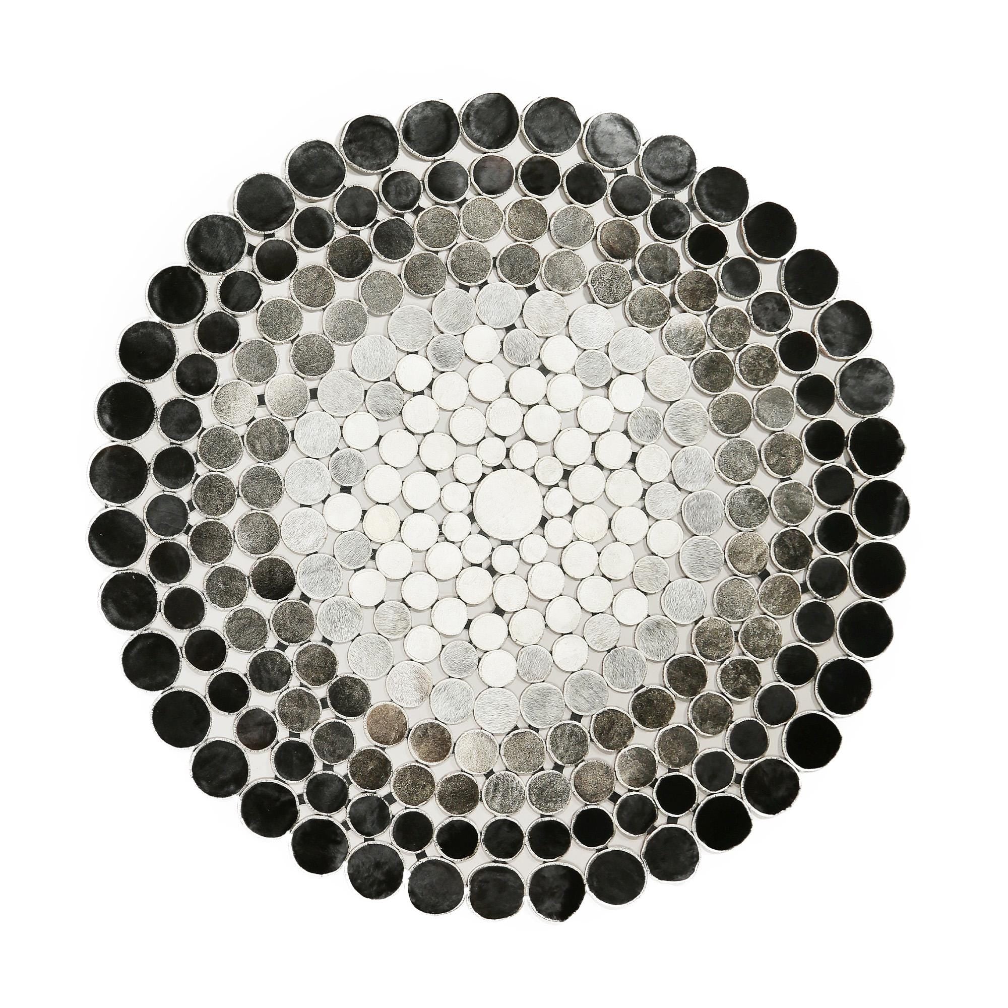 Round Polkadot Cowhide Rug, Handmade Black White and Grey Patchwork Carpet