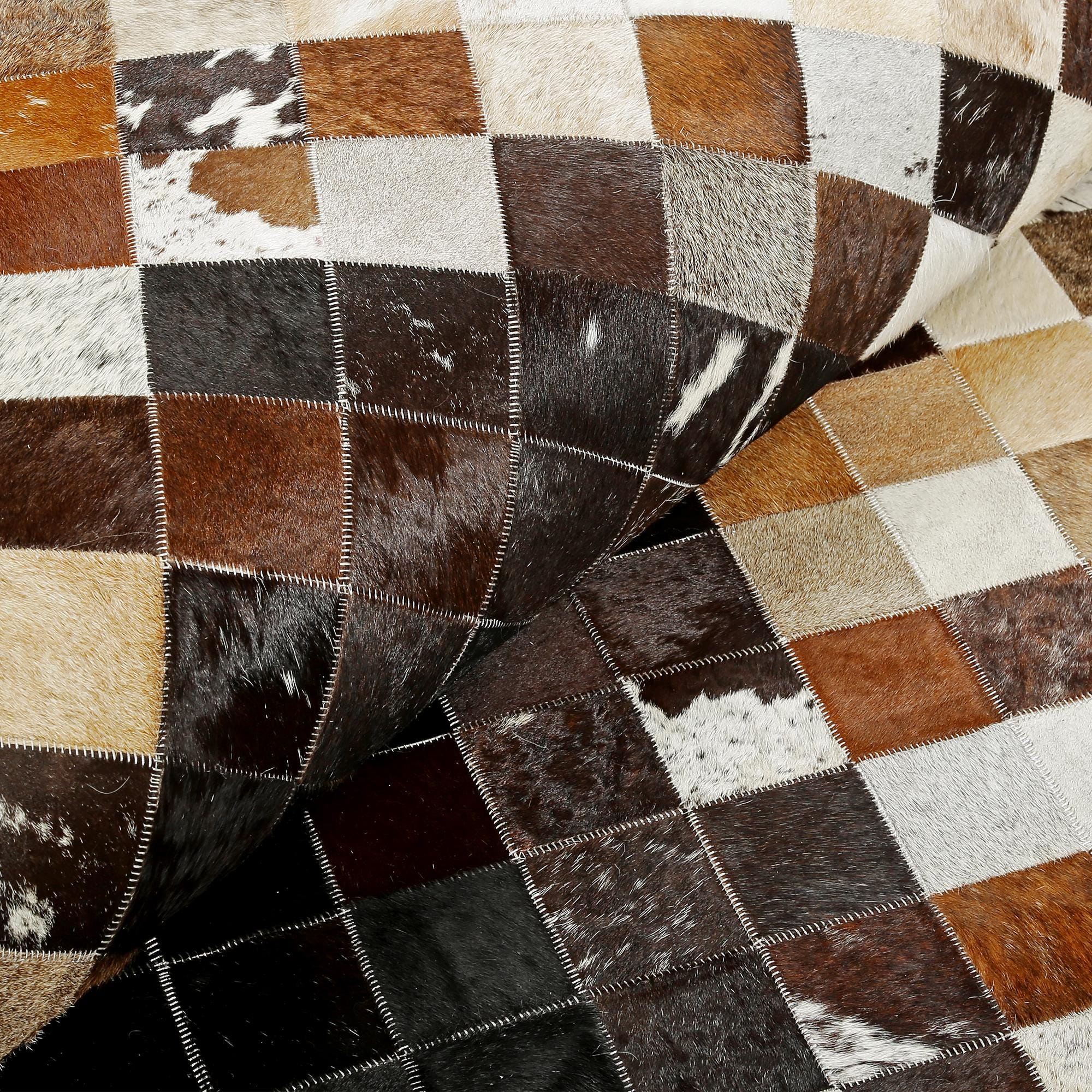 Cream, Brown & Black Checkered Patchwork Cowhide Rug