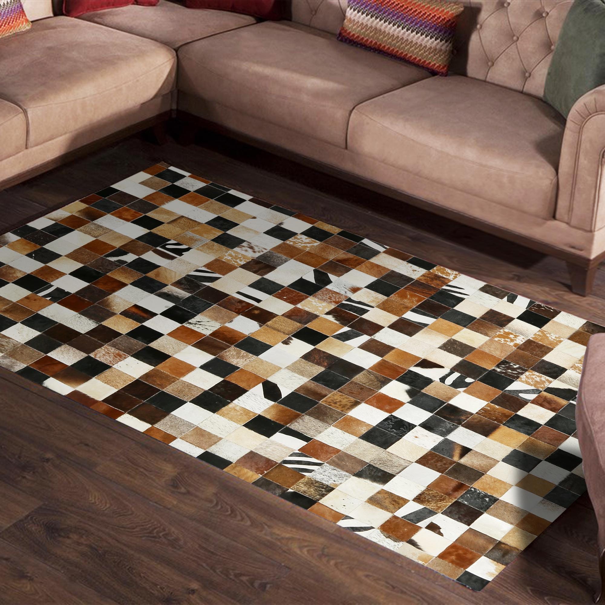 Multi Textured Cowhide Patchwork Rug, Ombre Cowhide Patchwork Rug, Handmade Genuine Leather Carpet