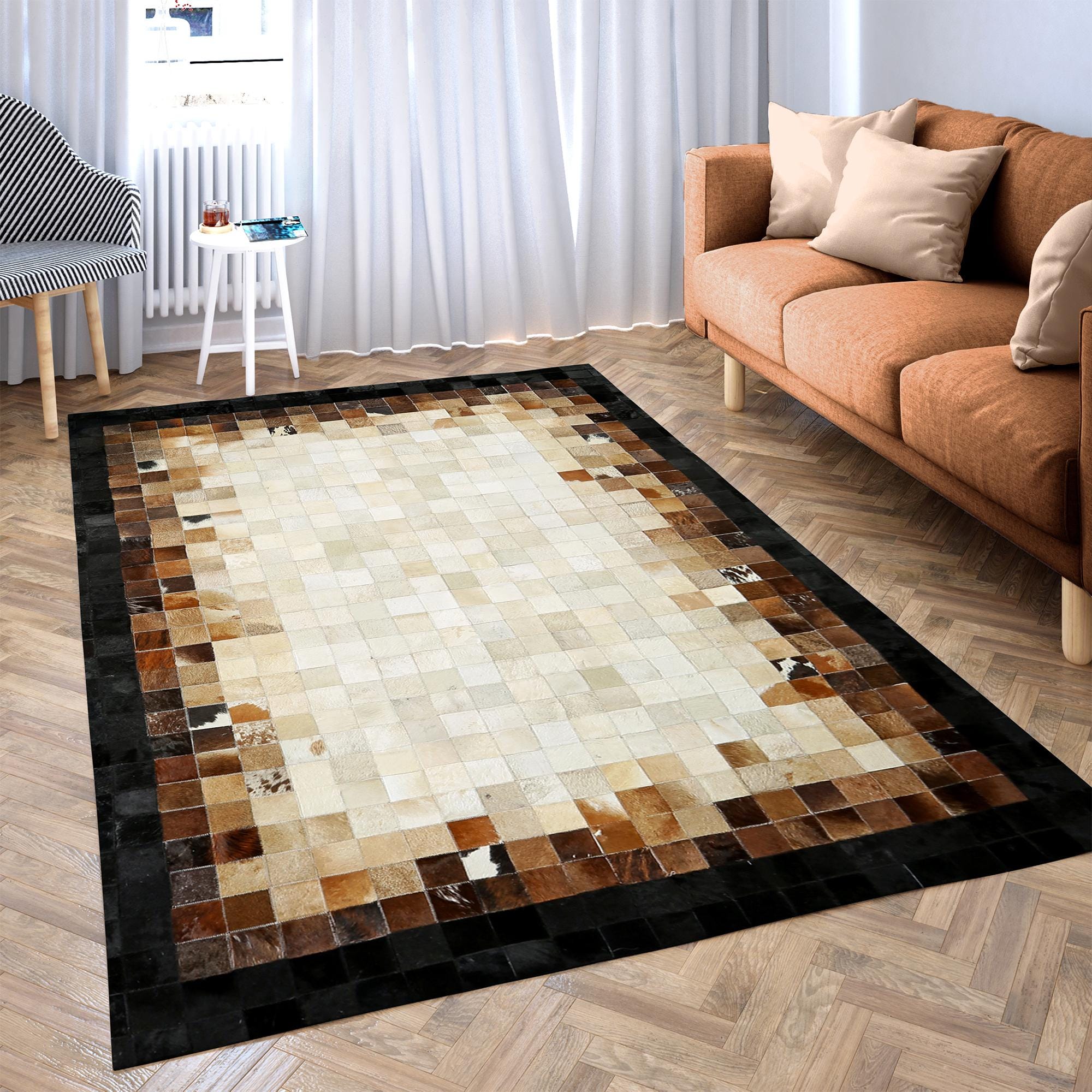 Brown Border Beige Checkered Cowhide Patchwork Rug, Handmade Genuine Leather Carpet