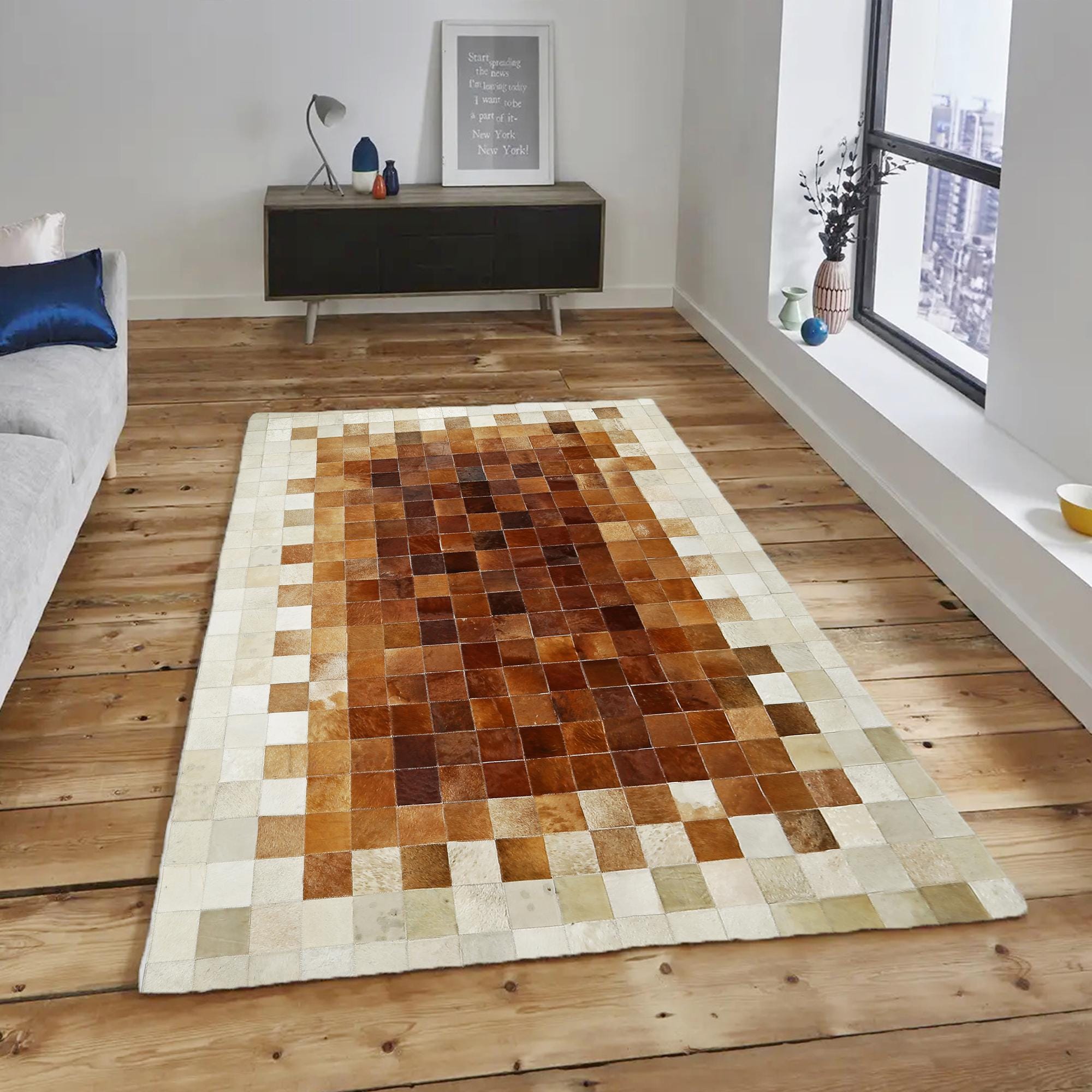 Cream Border Brown Cowhide Patchwork Rug