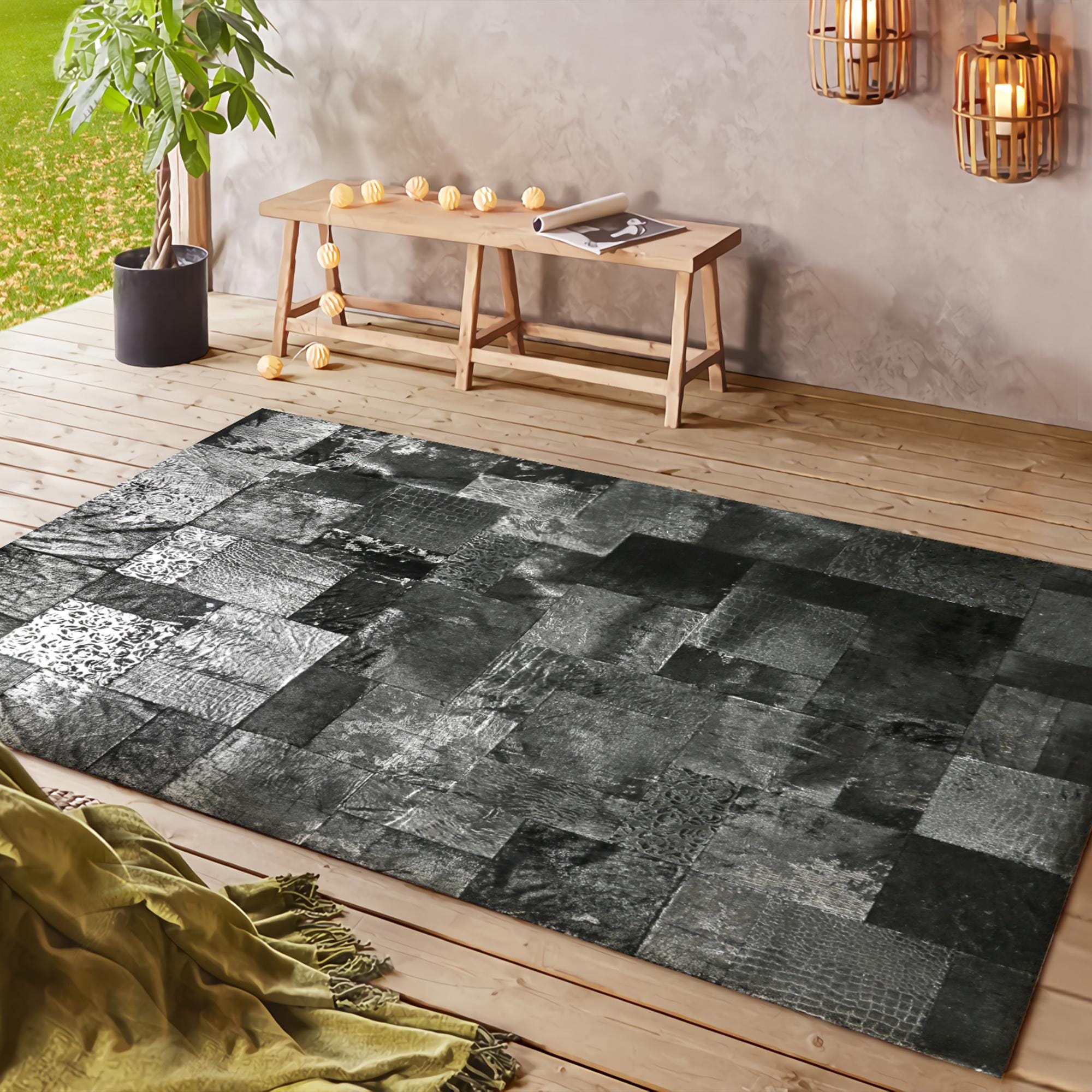 Black & Silver Leaf Cowhide Area Rug
