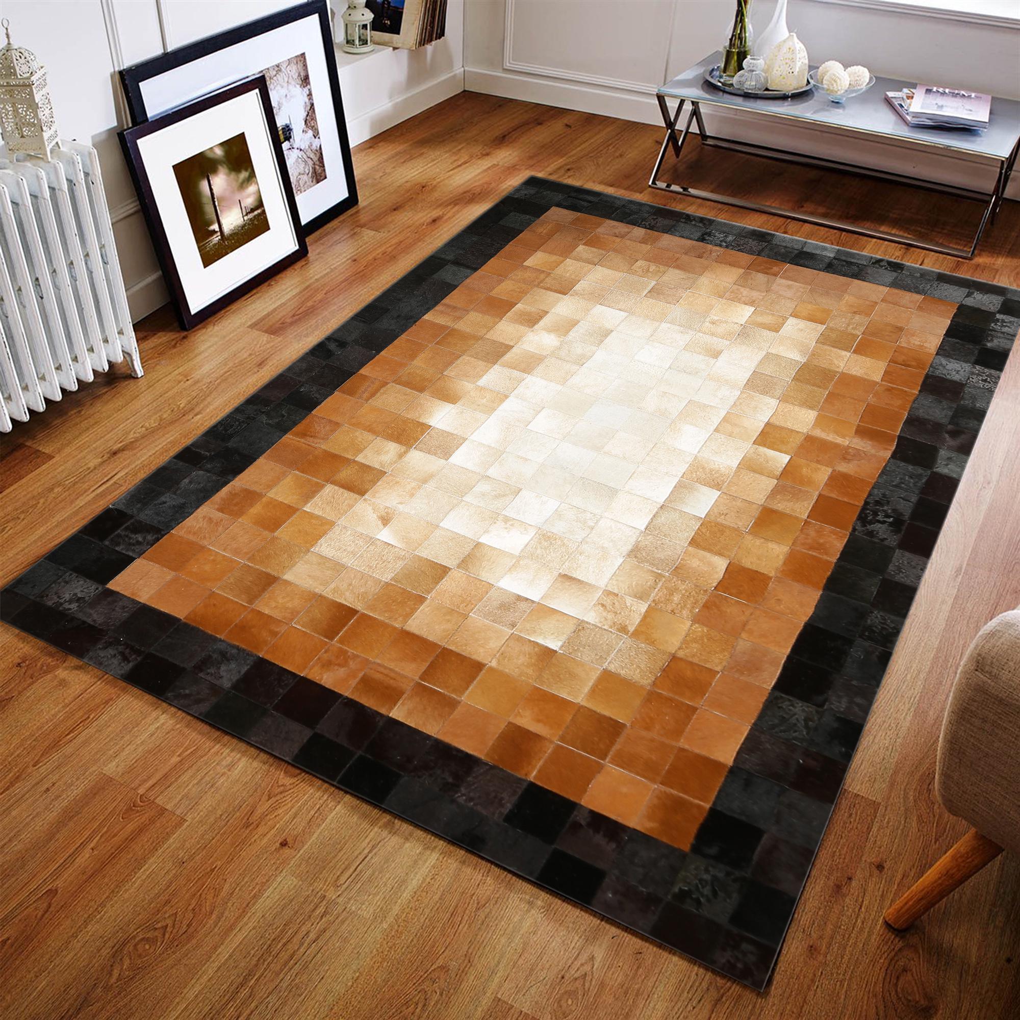 Brown & Beige Cowhide Rug with Black Border, Large Area Rug for Living Room