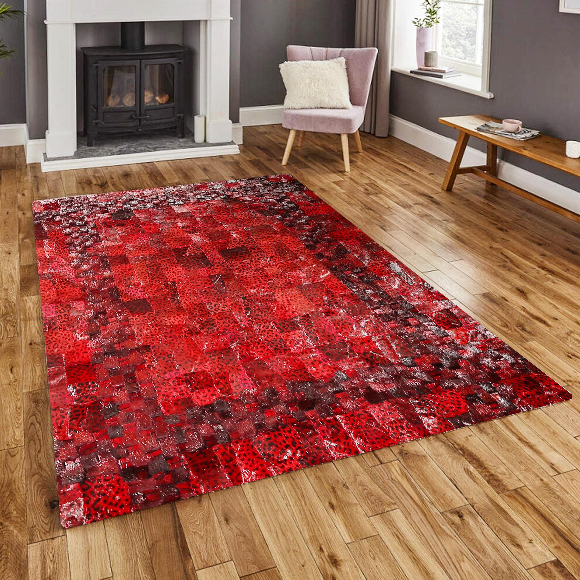 Red Leopard Print Genuine Leather Patchwork Rug
