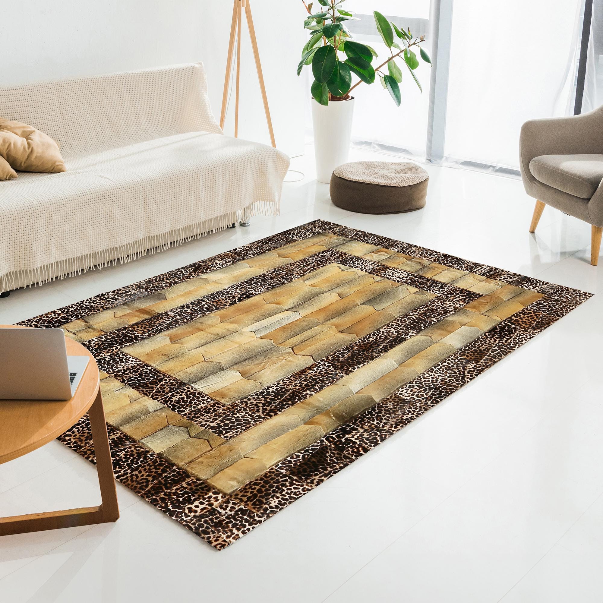 Brown Genuine Leather Patchwork Rug with Leopard Print Frame