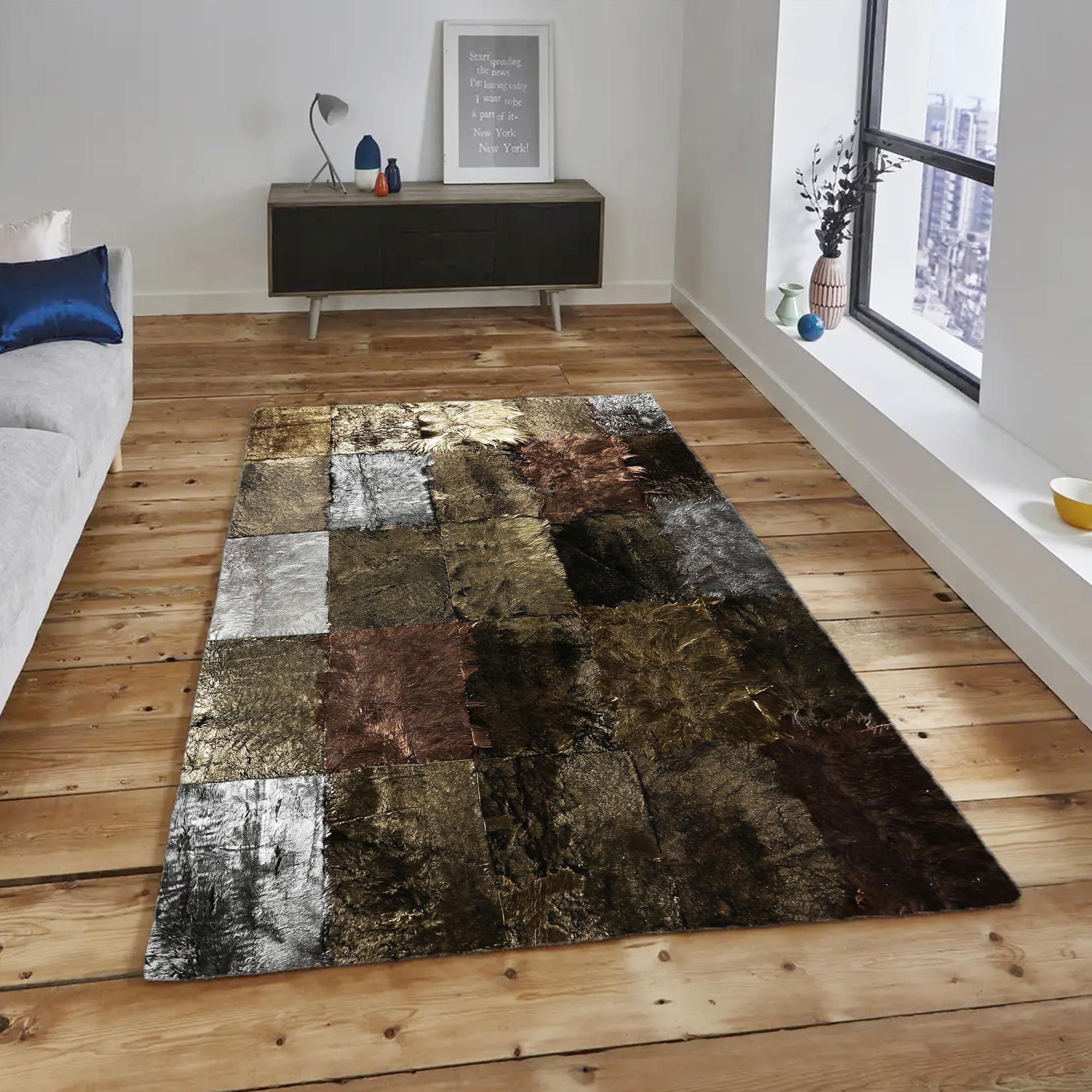 Metallic Patchwork Cowhide Rug, Luxury Gold Silver Bronze Natural Cowhide Rug