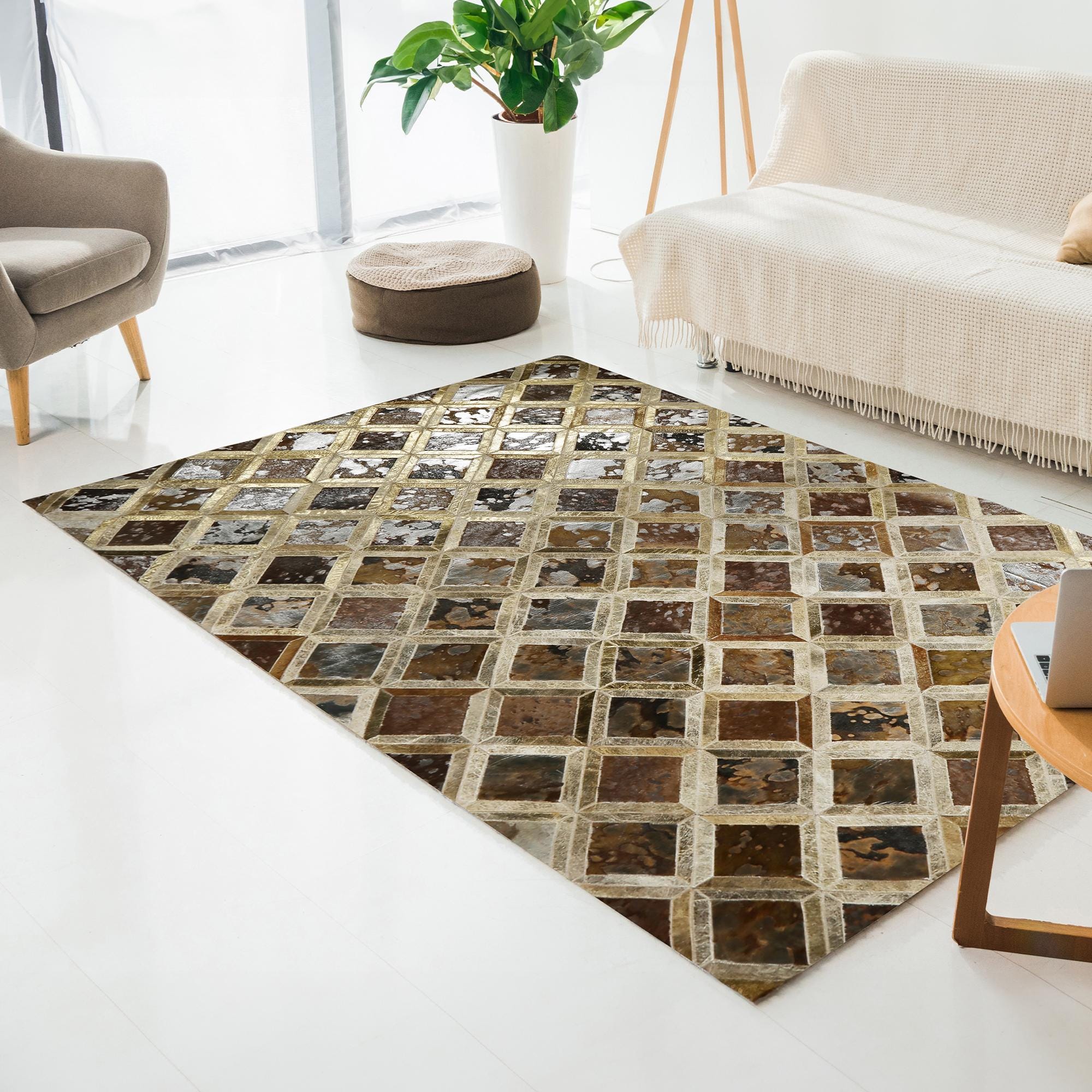 Brown and Beige Patchwork Cowhide Rug, Handmade Genuine Leather Area Carpet
