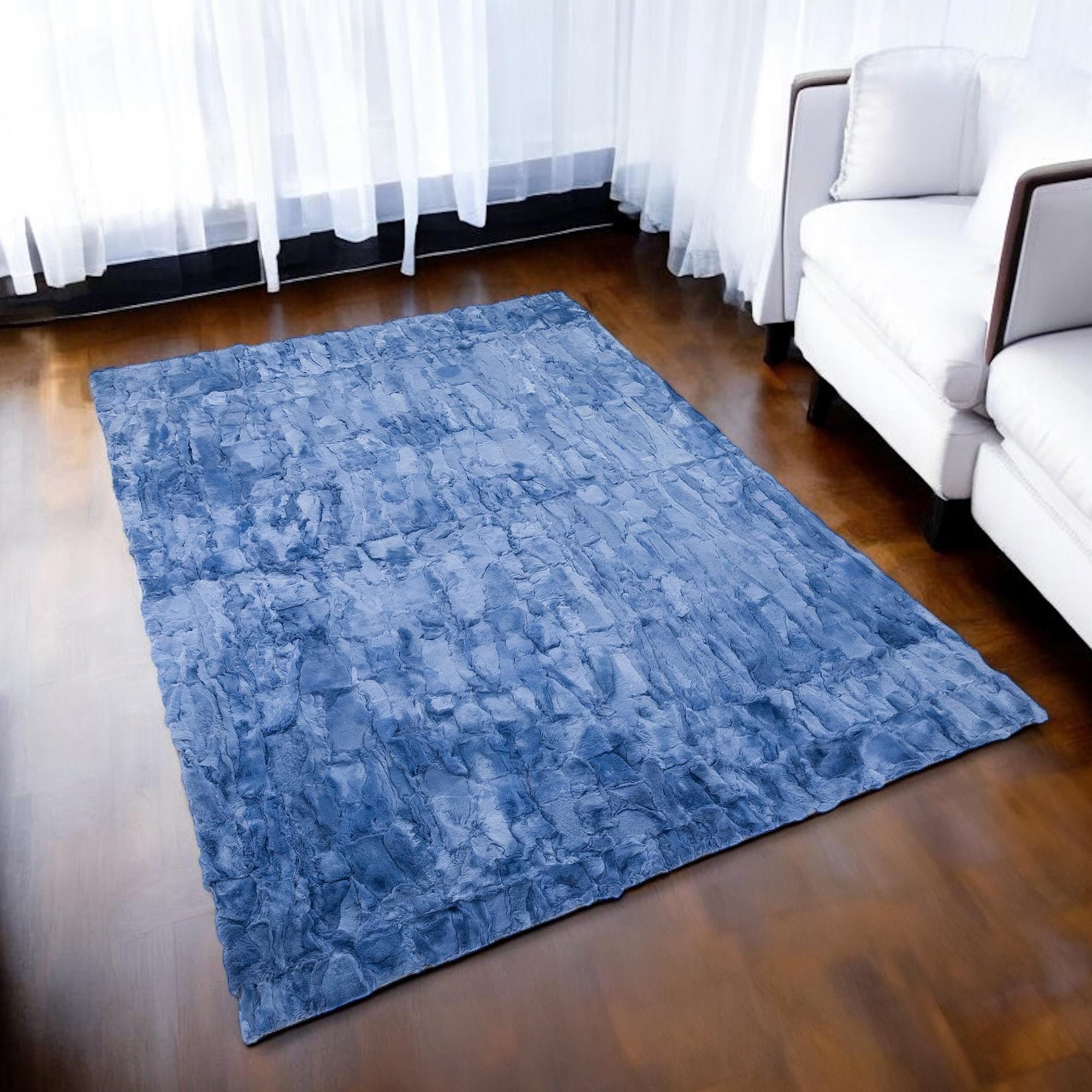 Blue Rex Rabbit Fur Rug, Handmade Luxury Soft Carpet for Living Room and Bedroom