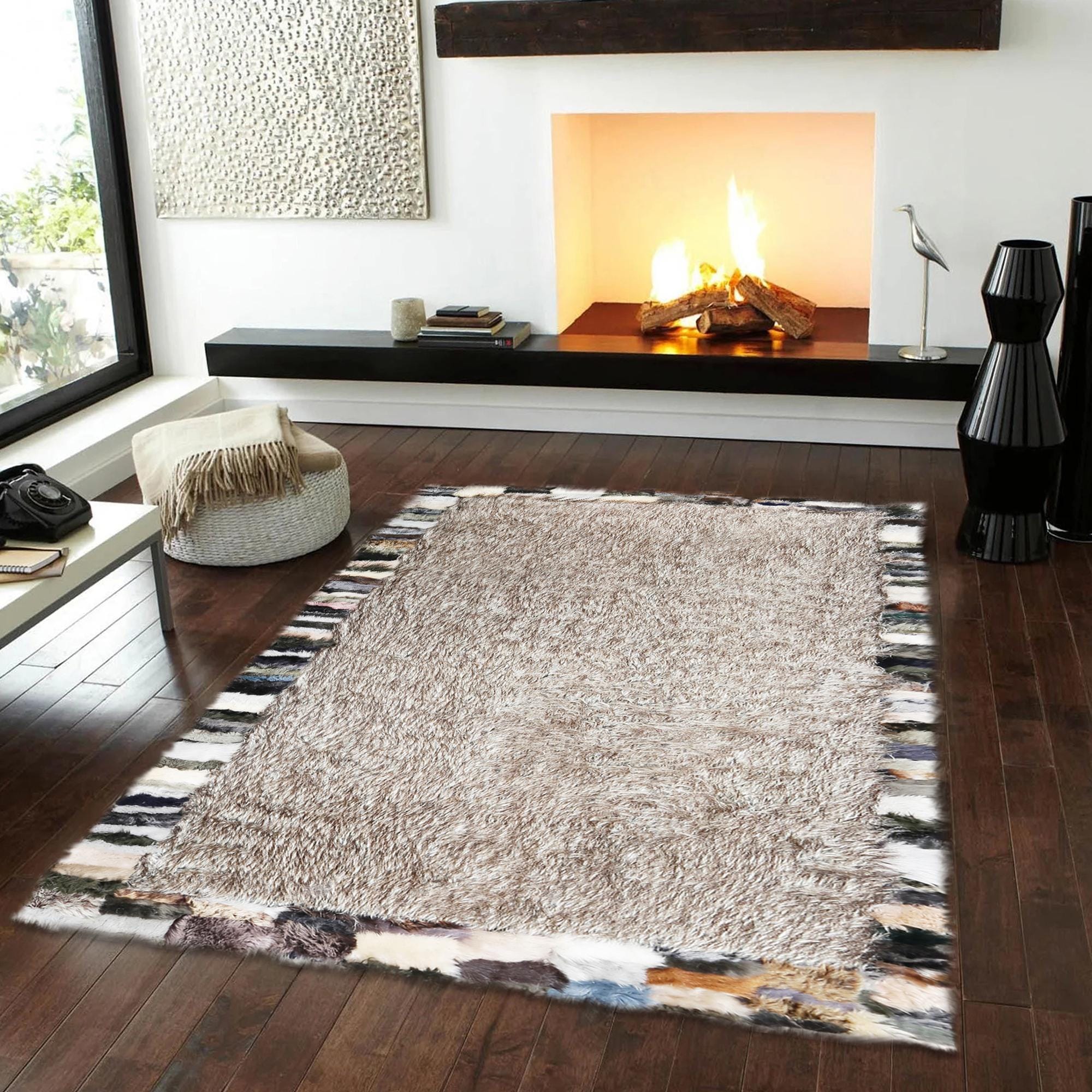 Sheepskin Patchwork Area Rug – Handmade Fluffy Sheepskin Carpet with Multicolor Border, Soft Cozy Custom Size Rug for Living Room & Bedroom