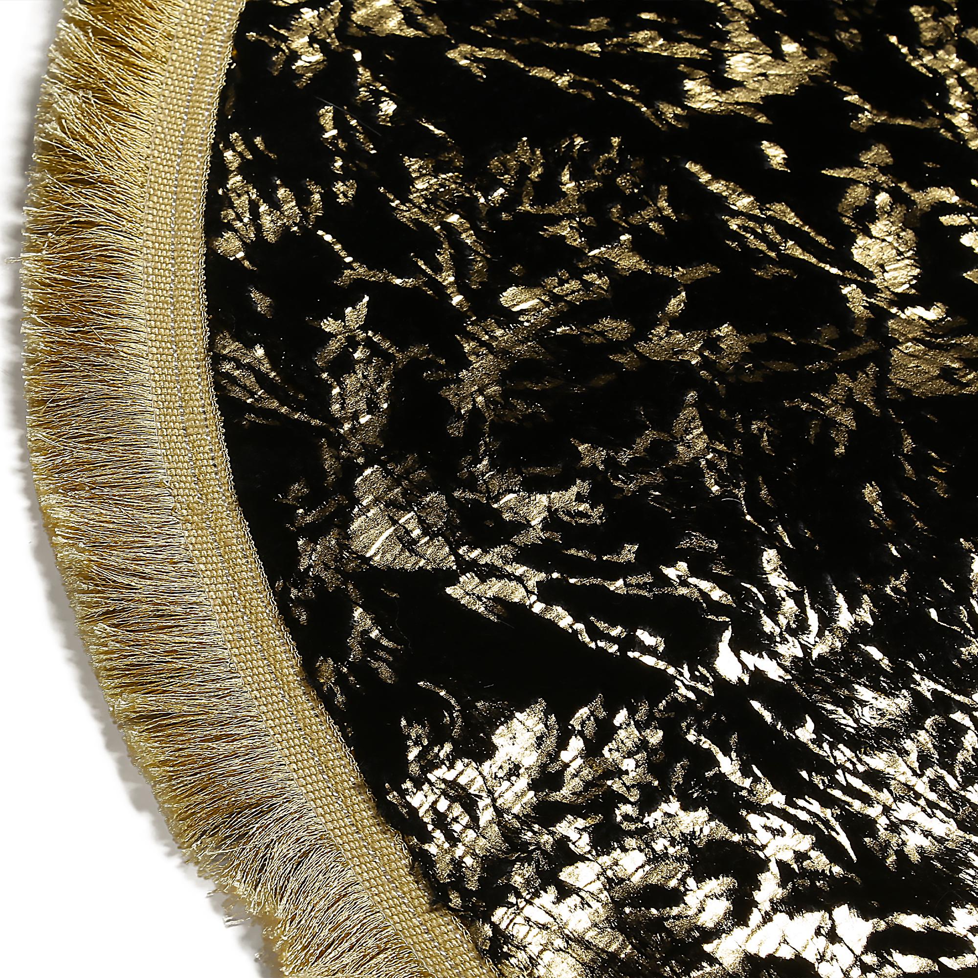 Black Round Plush Rug, Handmade Gold Floral Design Carpet