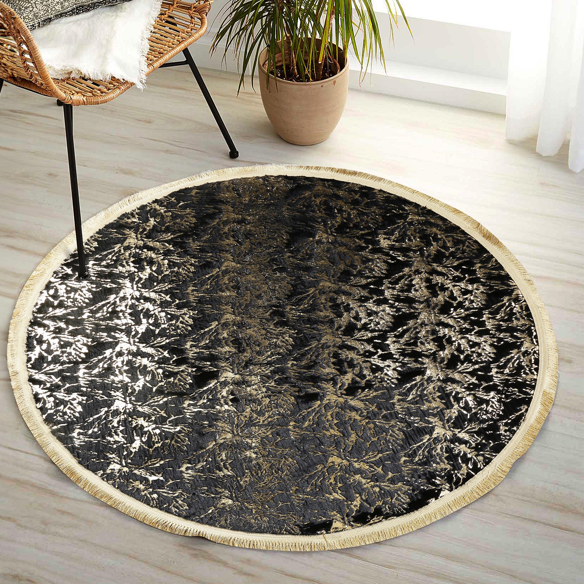 Black Round Plush Rug, Handmade Gold Floral Design Carpet