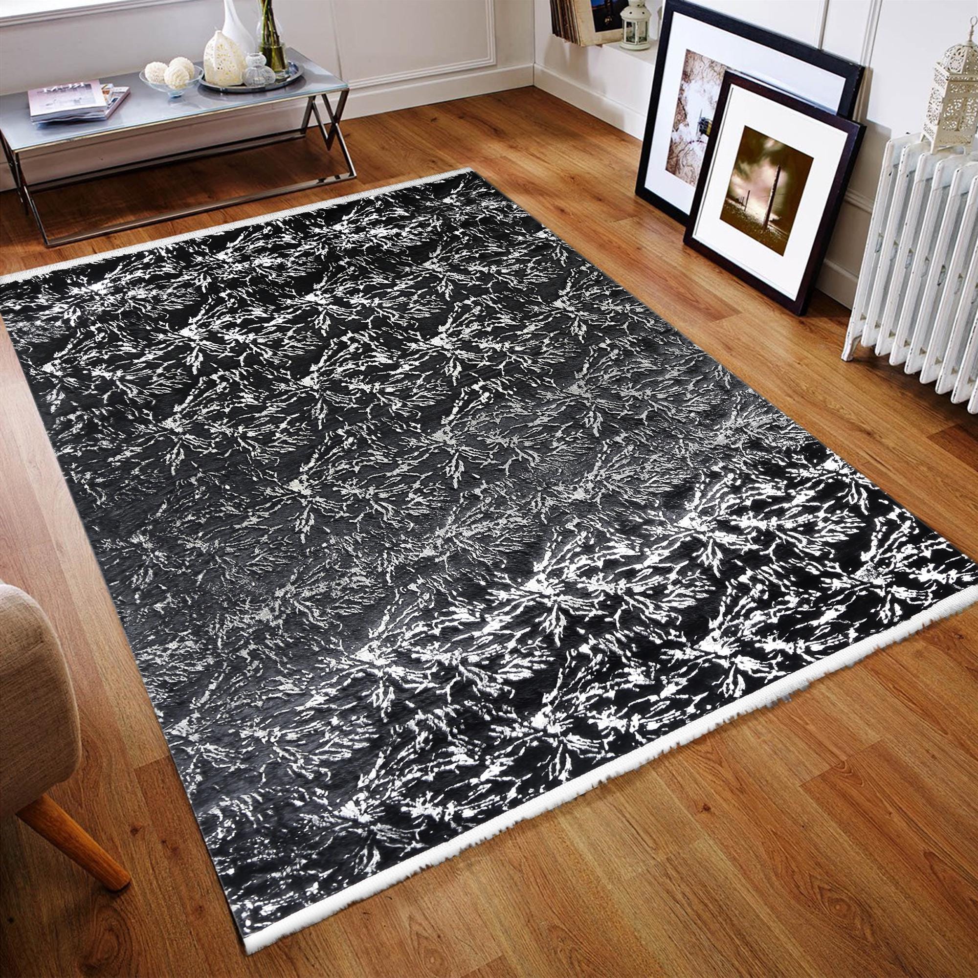 Silver Floral Design Black Plush Rug with Silver Tassels