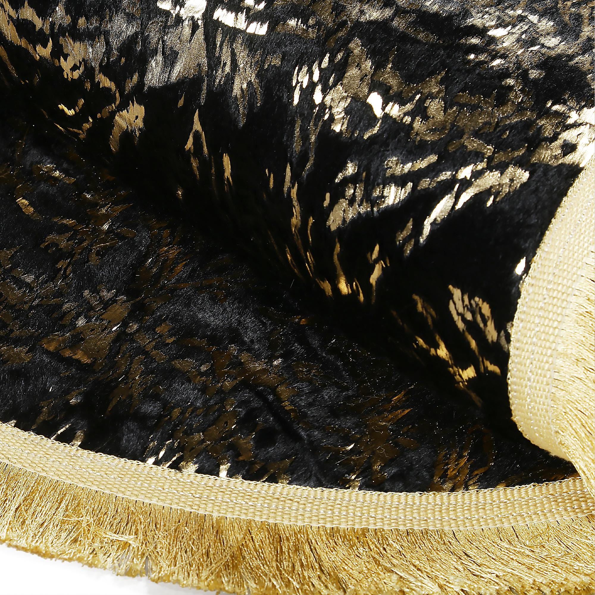 Gold Floral Design Black Plush Oval Rug with Tassels