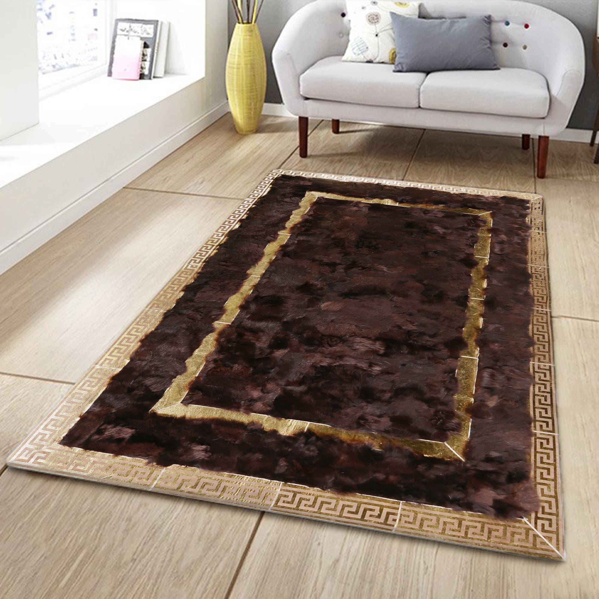 Tuscan Leather Rug – Handmade Brown and Gold Area Rug, Elegant Luxury Carpet with Border Design, Custom Size Tuscan Rug for Living Room
