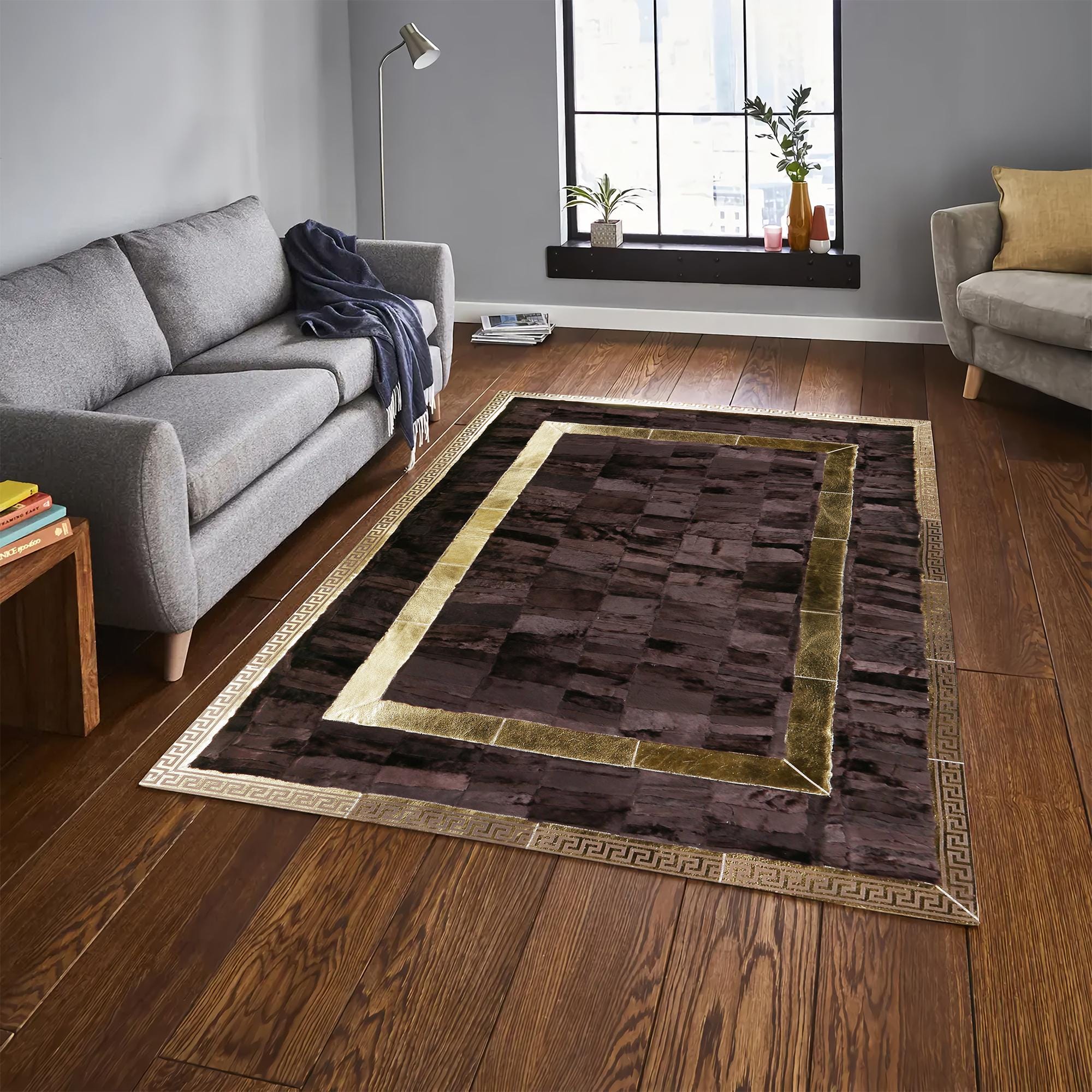 Tuscan Leather Area Rug – Handmade Dark Brown Gold Border Carpet, Genuine Tuscan Rug, Luxury Leather Floor Decor, Custom Size Living Room Rug