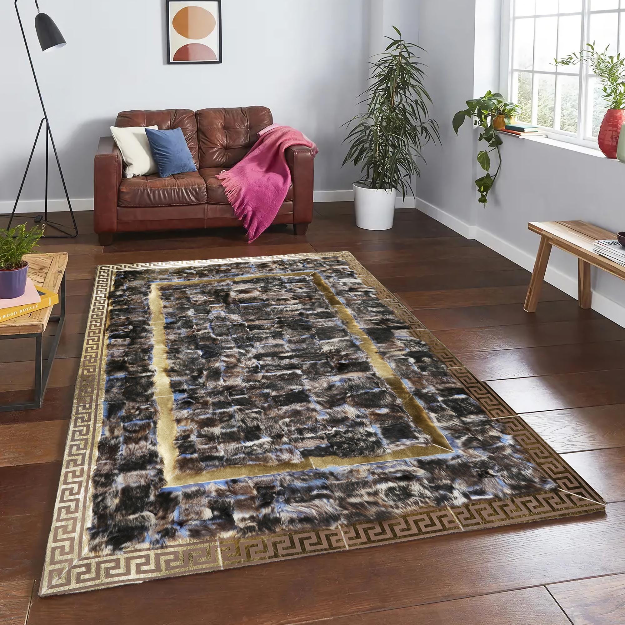Tuscan Leather Rug – Handmade Brown Black Gold Carpet, Genuine Tuscan Leather Area Rug, Luxury Modern Floor Decor, Custom Size Living Room Rug