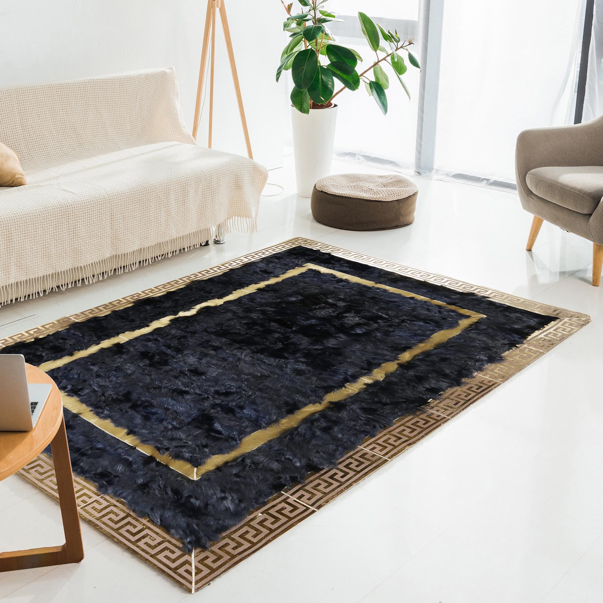 Navy Blue Tuscan Rug – Handmade Genuine Tuscan Leather Carpet with Gold Border, Luxury Custom Size Area Rug for Living Room & Bedroom