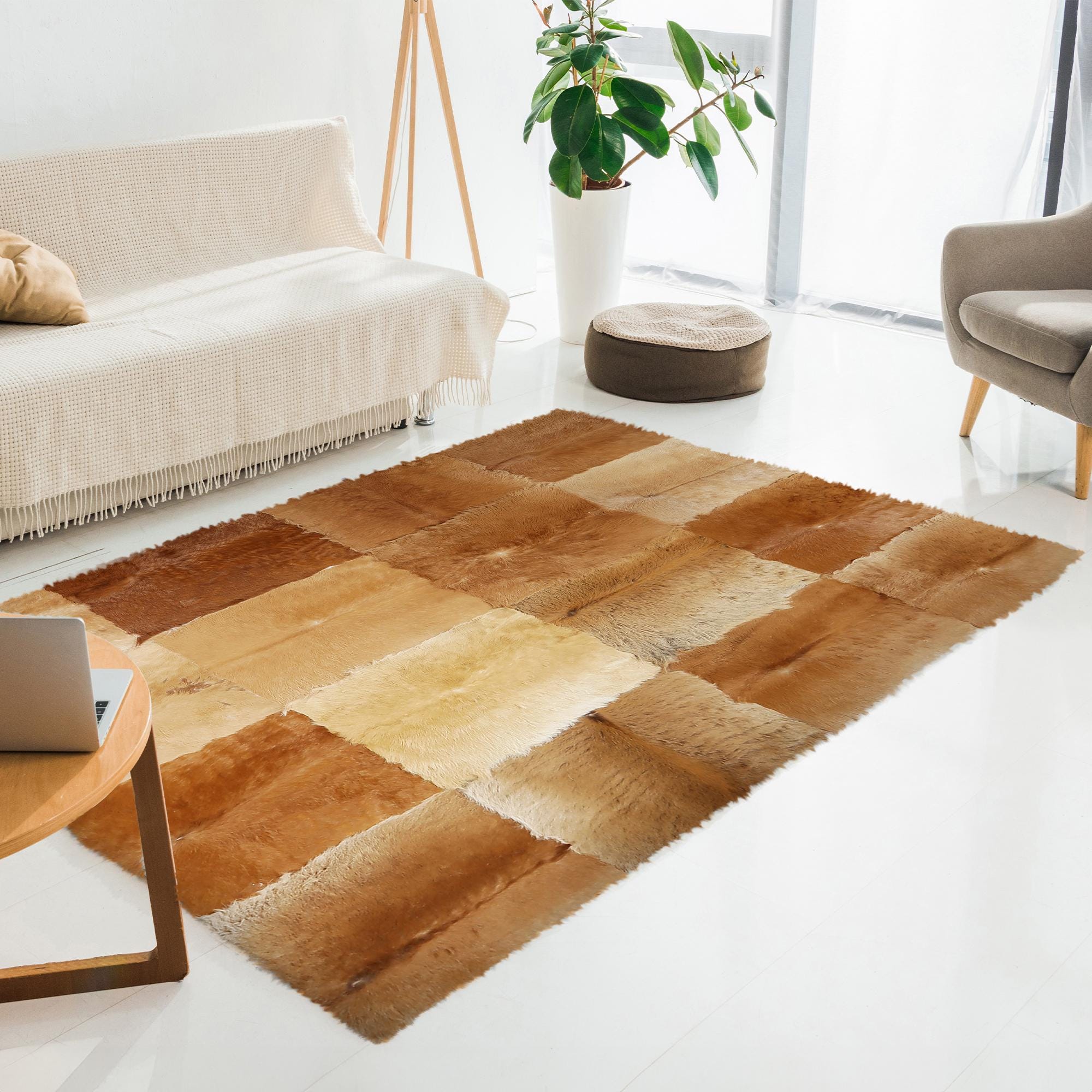 Light Brown Cowhide Patchwork Rug, Handmade Genuine Leather Area Carpet