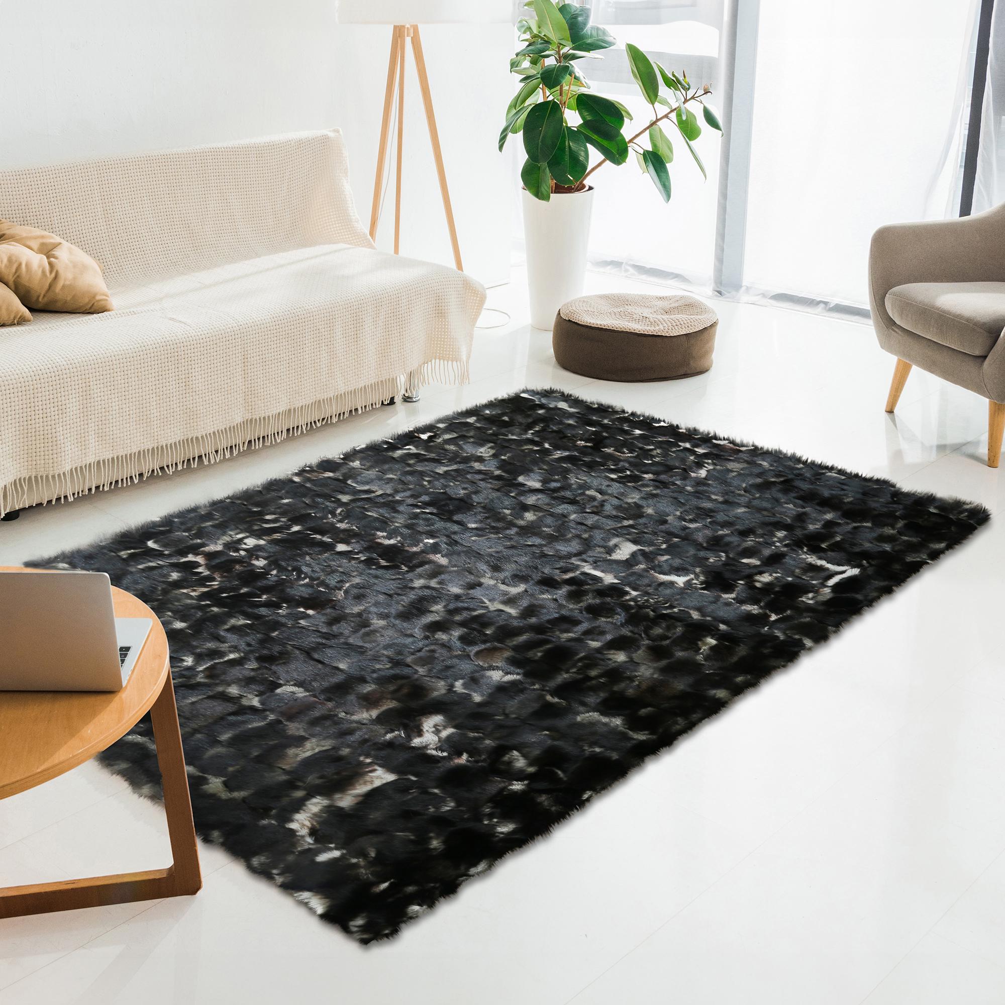 Black Fox Fur Patchwork Rug – Handmade Natural Fur Area Rug, Luxury Soft Carpet for Living Room, Bedroom, Custom Size Modern Home Decor