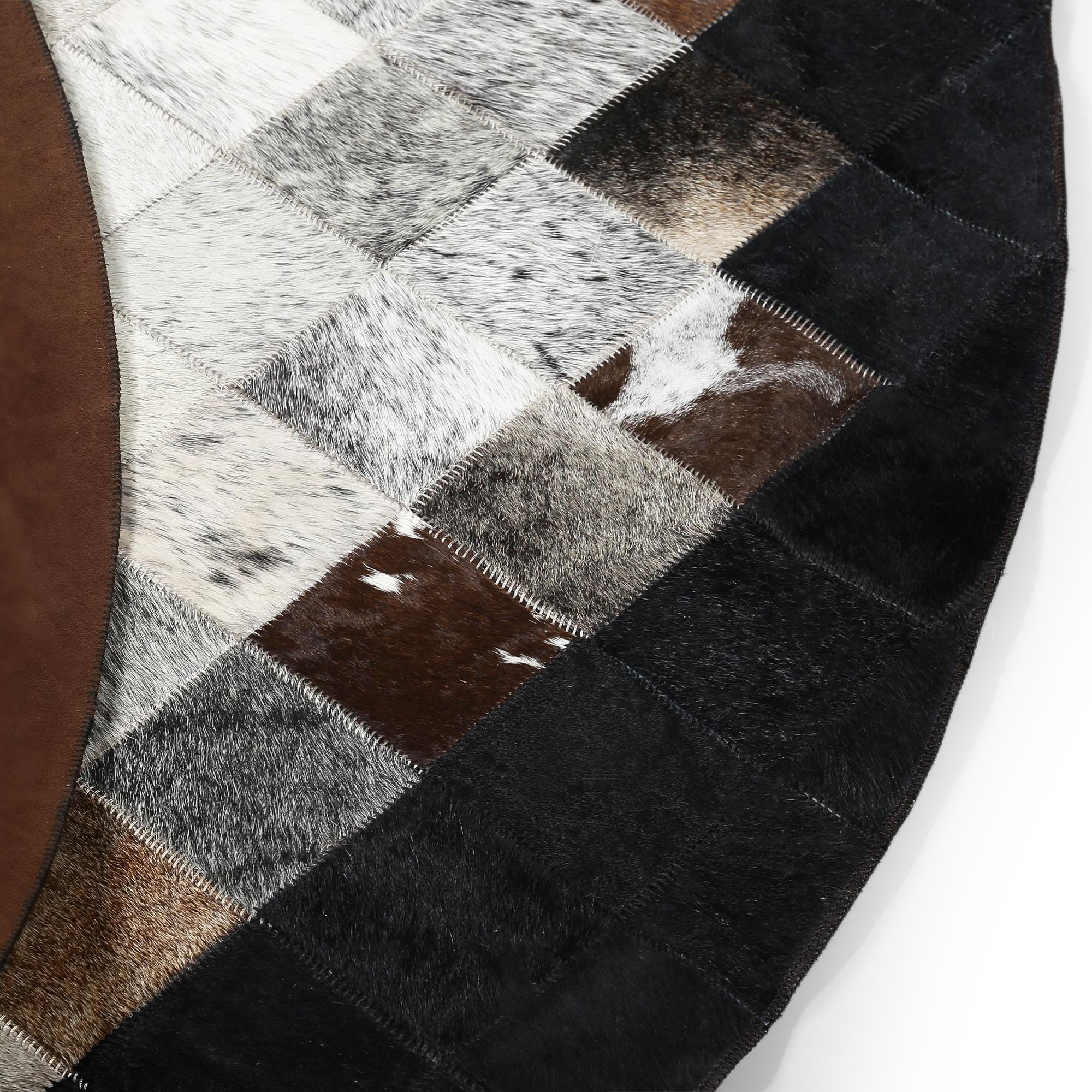 Round Cowhide Rug Black White – Handmade Ombre Patchwork Leather Area Rug