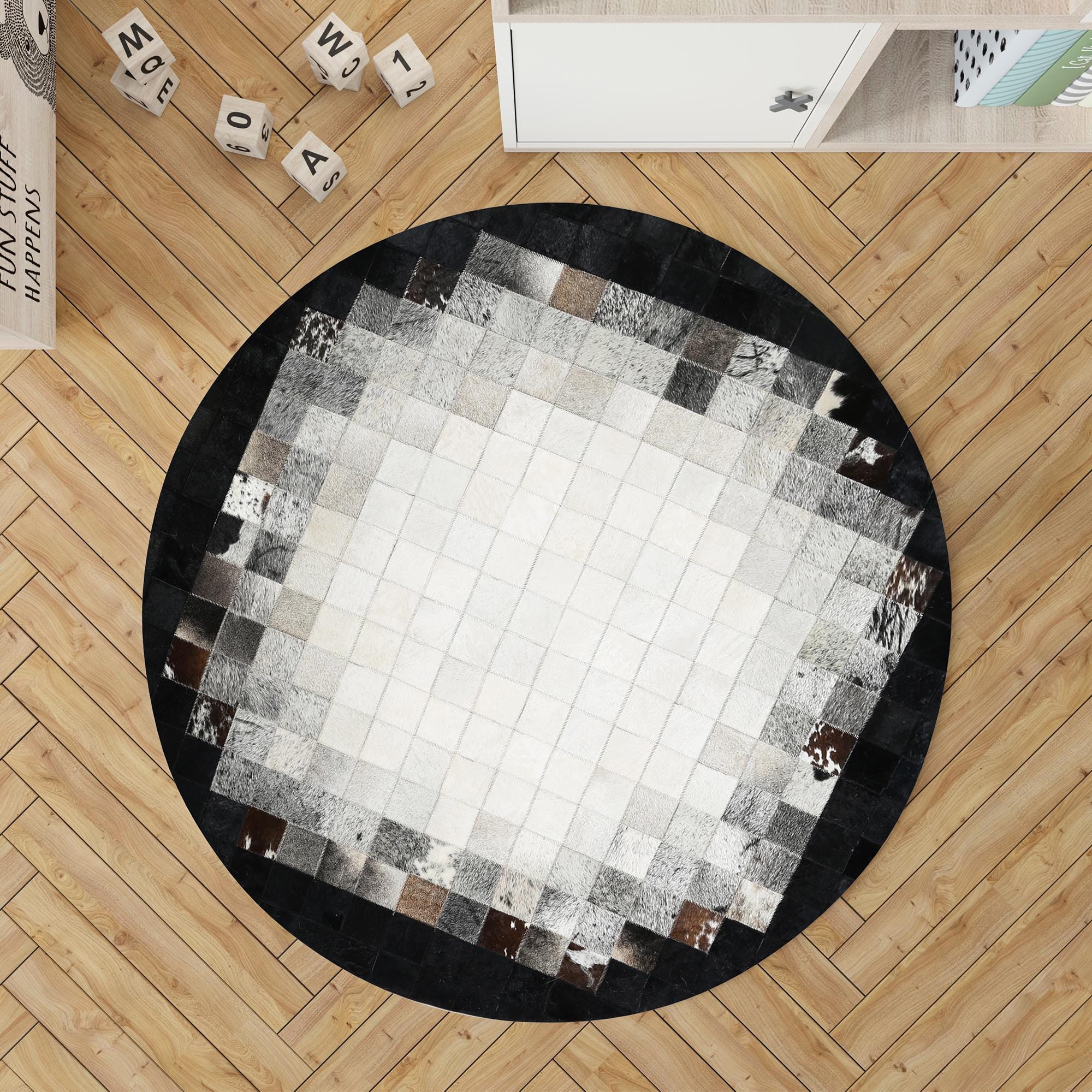 Black, Gray and White Cowhide Round Rug