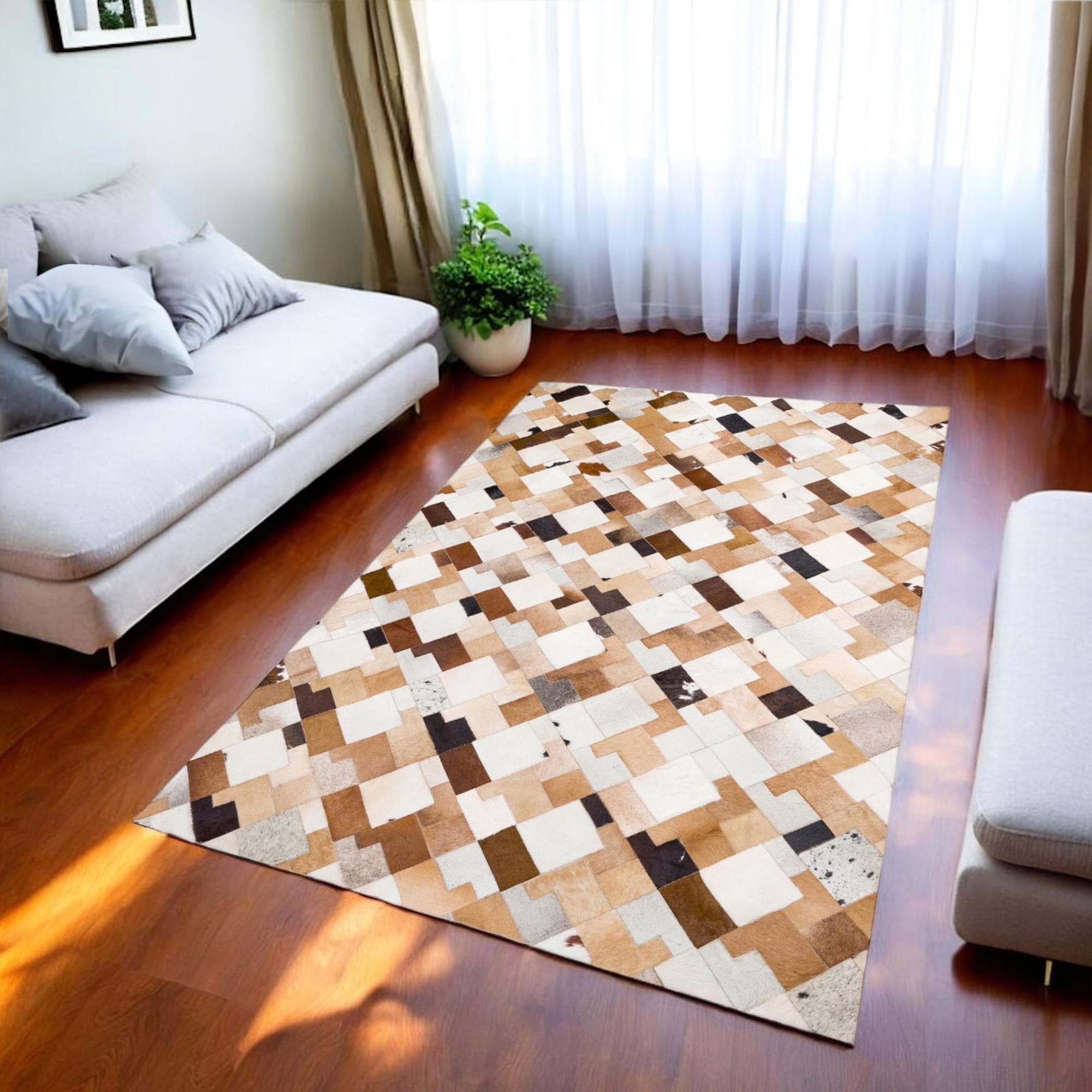 Multicolor Patchwork Cowhide Rug, Modern Area Rug