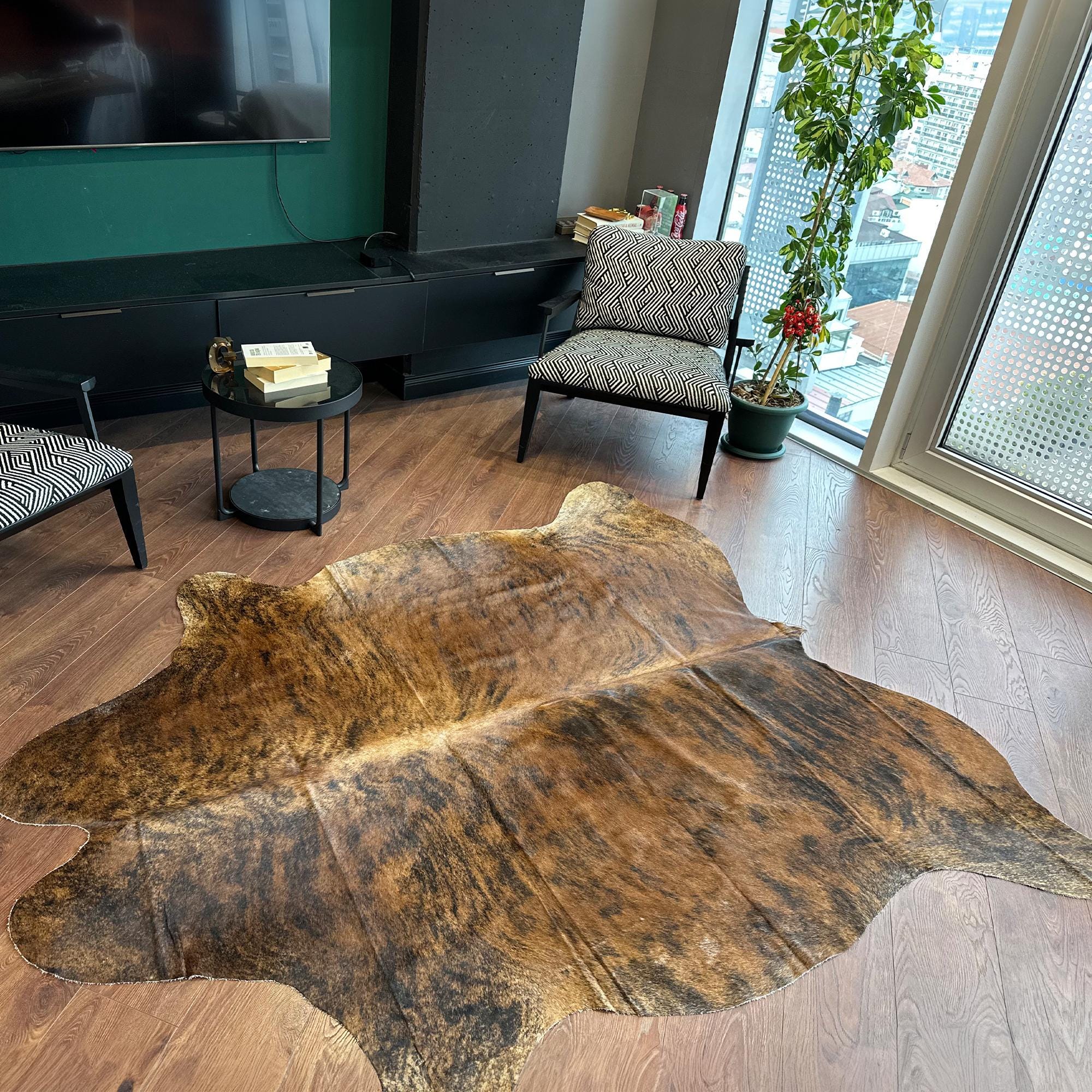 Genuine Brown Brindle Cowhide Rug, Real Cowhide Carpet, Handmade Rustic Size 5.4 x 7.1 ft -165 x 217 cm