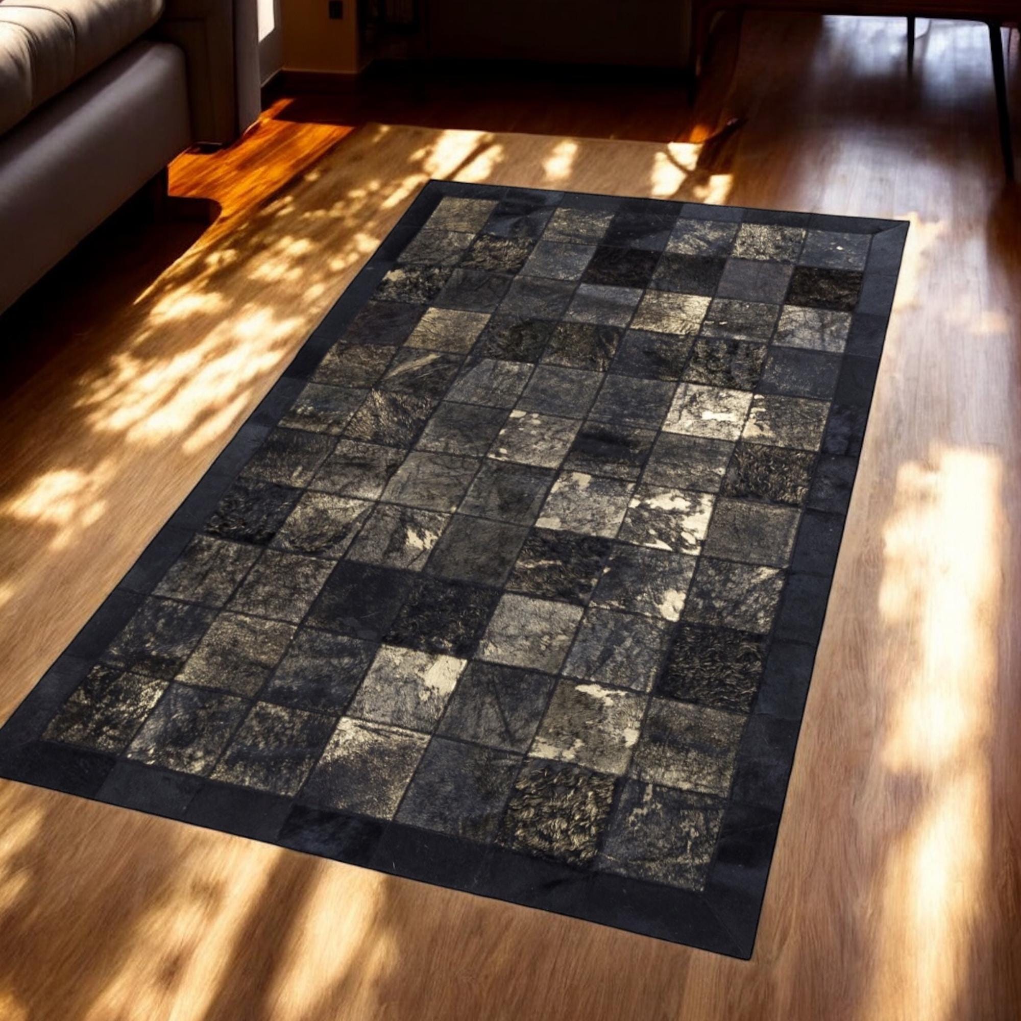 Beige Detailed Black Cowhide Patchwork Rug