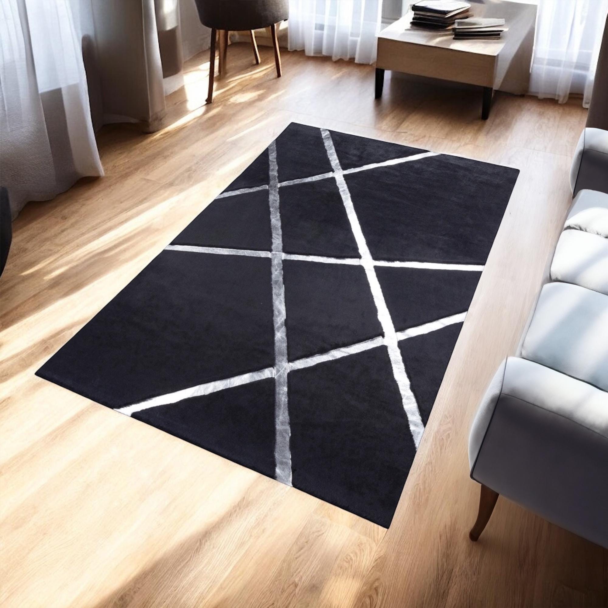 Black Plush Rug with Silver Stripes, Geometric Design Shaggy Carpet