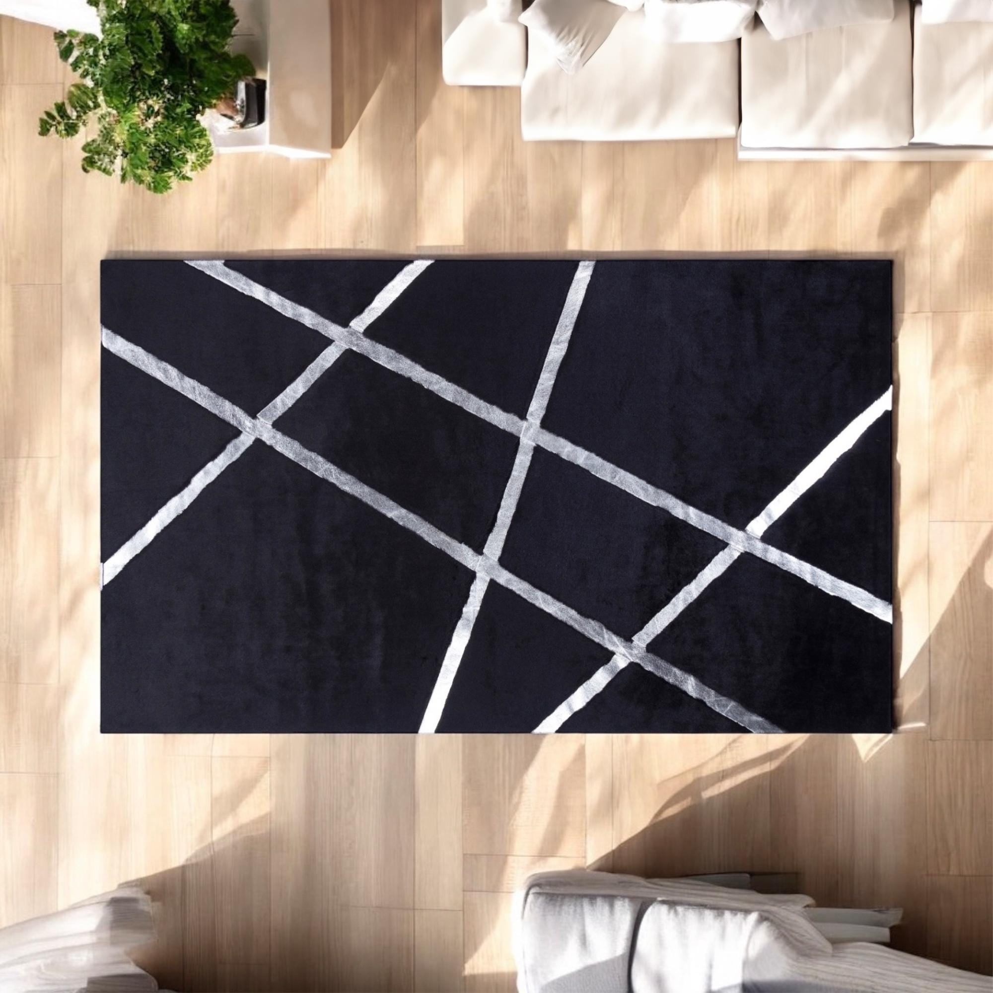 Black Plush Rug with Silver Stripes, Geometric Design Shaggy Carpet
