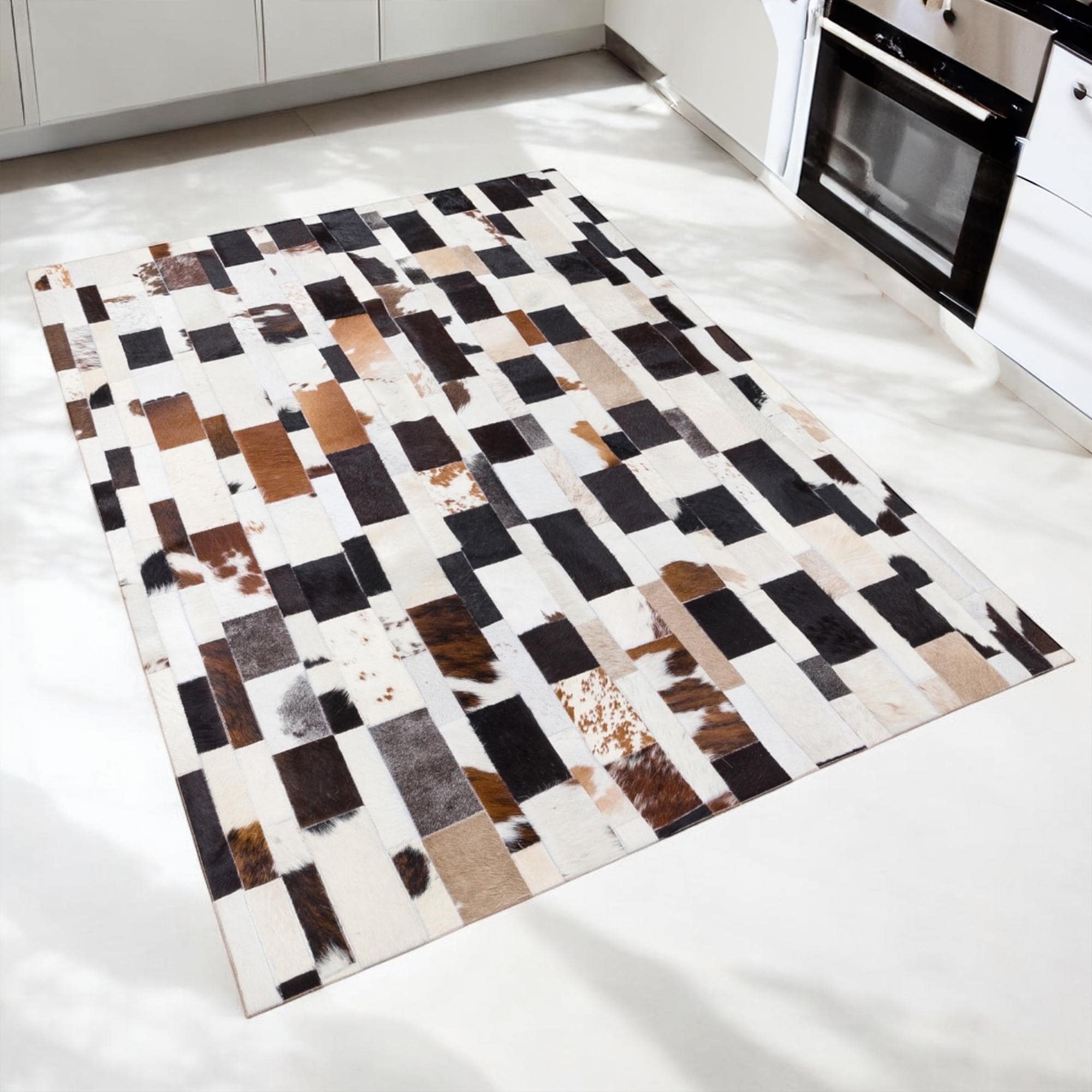 Brick Pattern Patchwork Cowhide Carpet, Modern Multicolor Area Rug