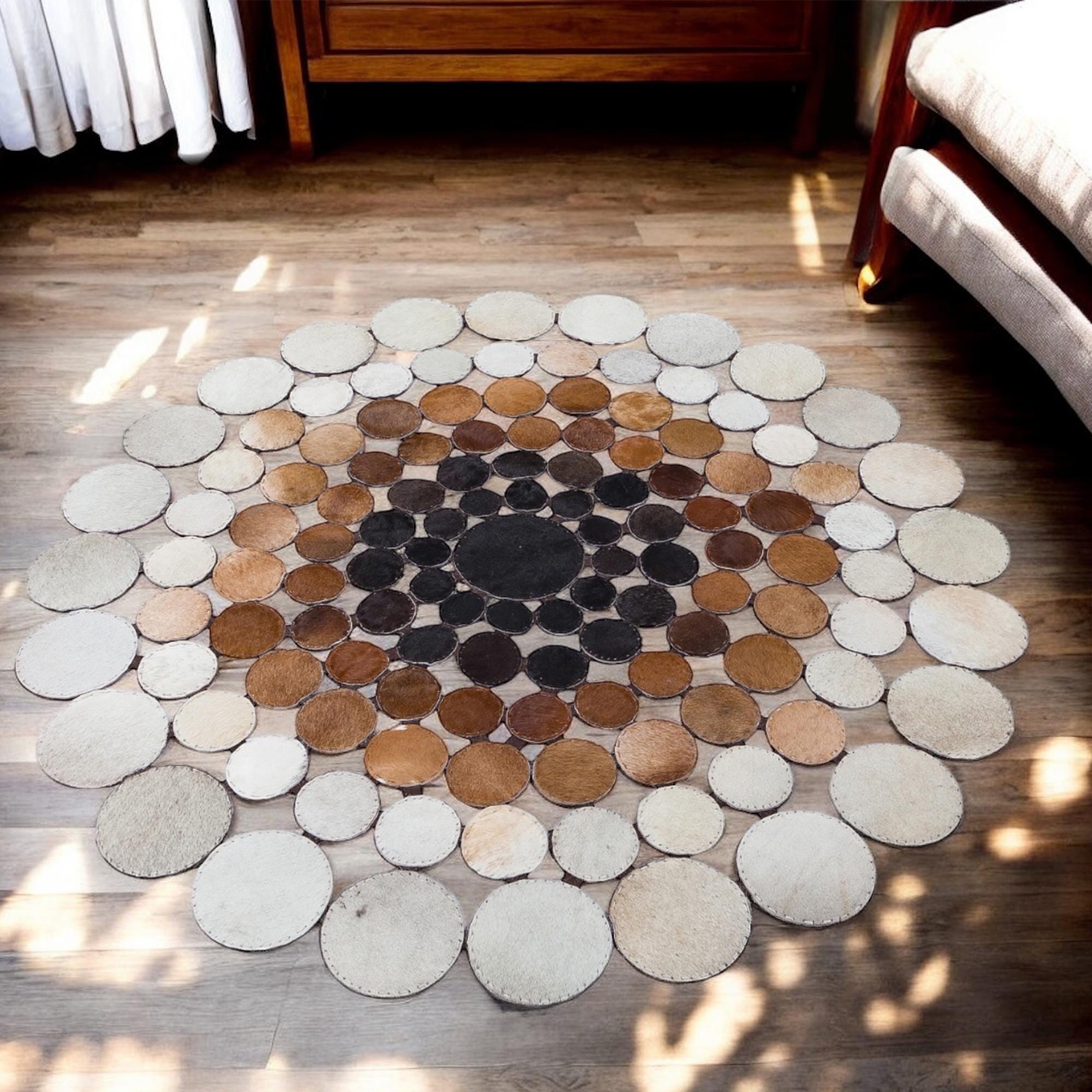 Handmade Brown Cowhide Polkadot Rug – Unique Round Patchwork Leather Carpet, Modern Boho Area Rug