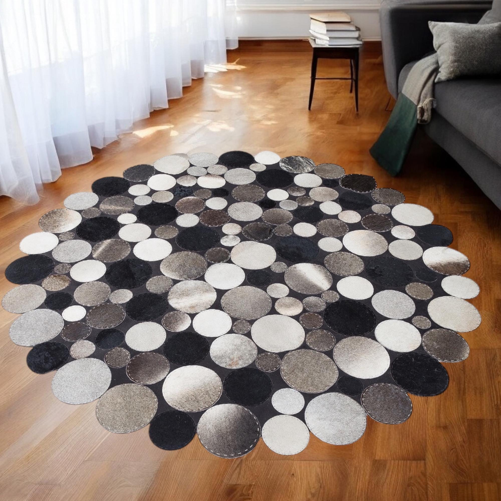 Modern Polkadot Cowhide Rug – Handmade Round Patchwork Leather Carpet, Unique Black & Grey Area Rug