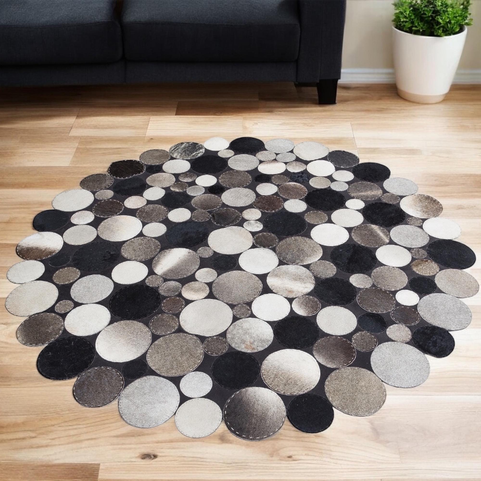 Modern Polkadot Cowhide Rug – Handmade Round Patchwork Leather Carpet, Unique Black & Grey Area Rug
