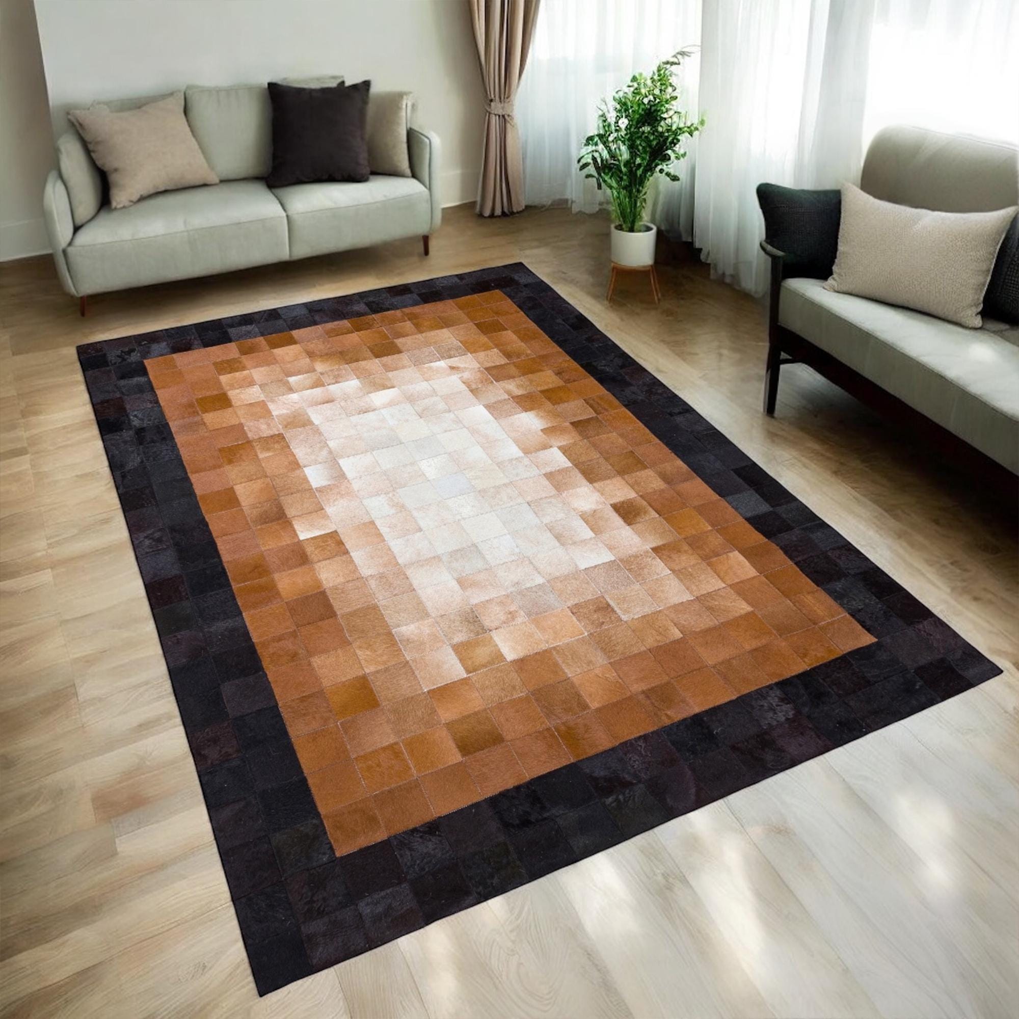 Brown & Beige Cowhide Rug with Black Border