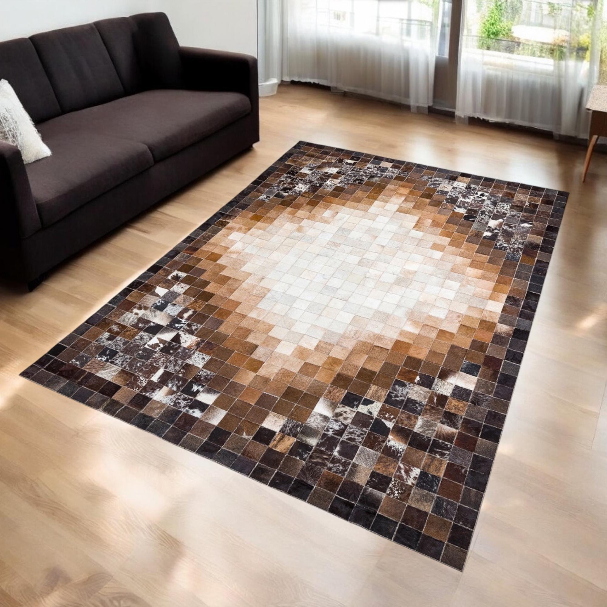 Brown & Beige Ombre Cowhide Patchwork Rug, Natural Cowhide Rug