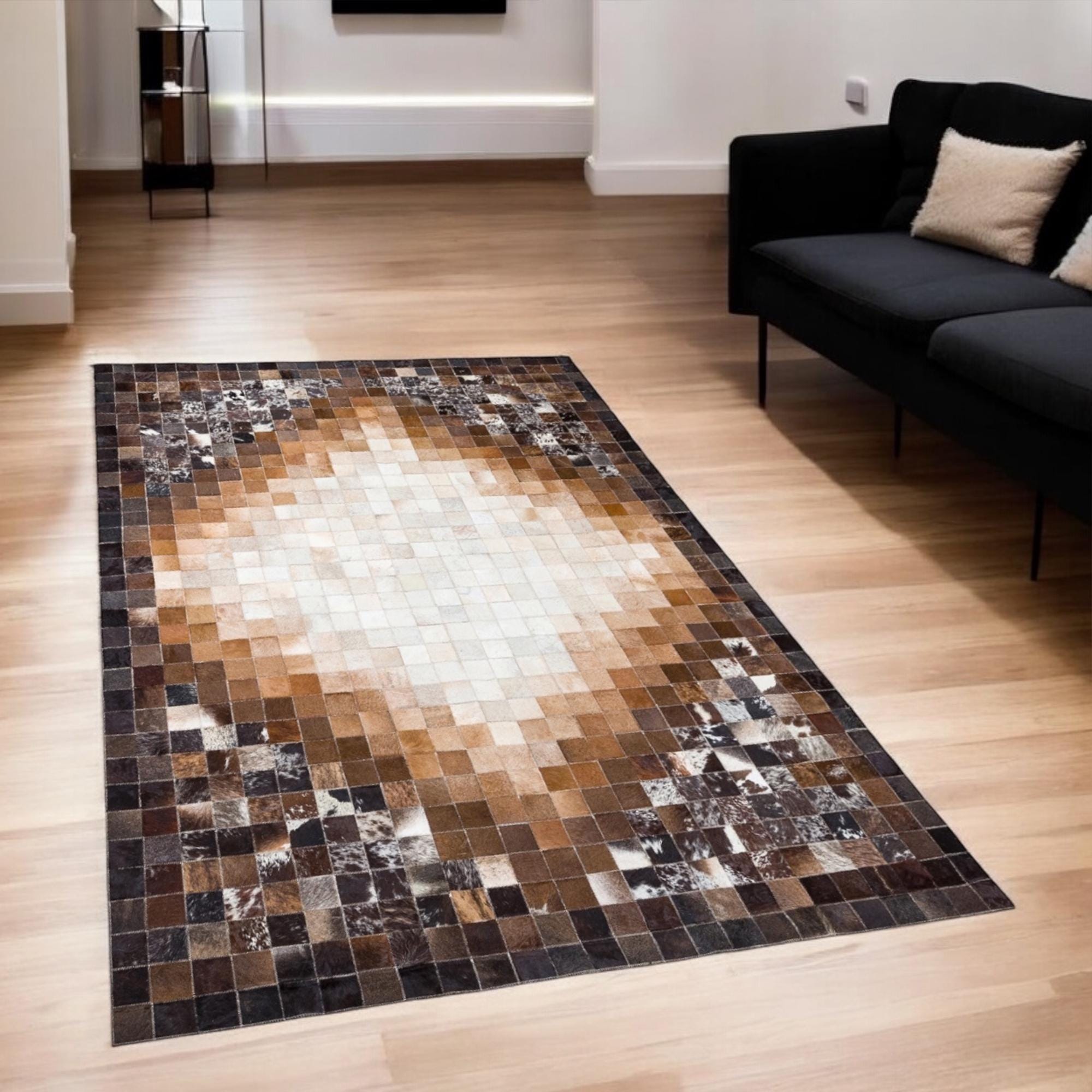 Brown & Cream Ombre Cowhide Patchwork Rug