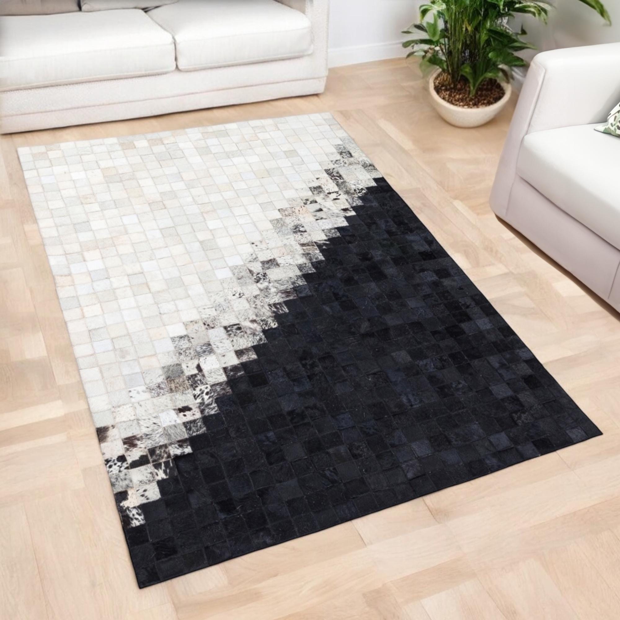 Black & Gray Cowhide Patchwork Rug, Modern Area Carpet