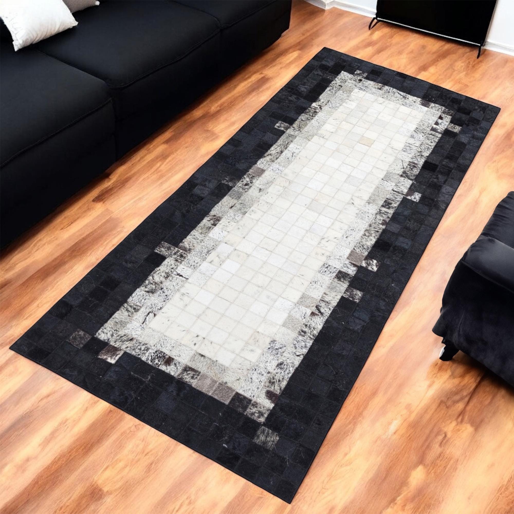 White & Grey Cowhide Rug with Black Border