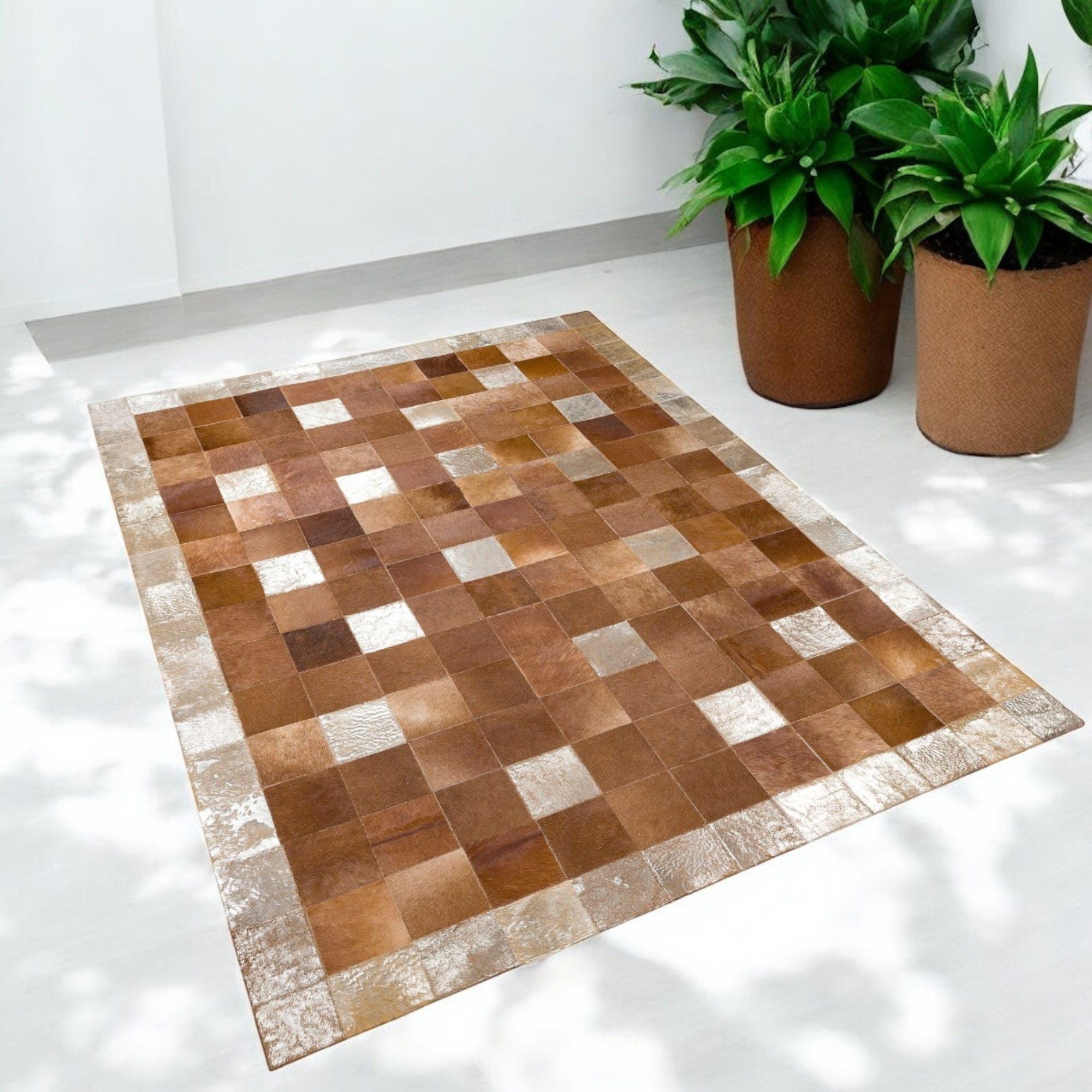 Natural Cowhide Patchwork Rug, Brown Cowhide Floor Rug