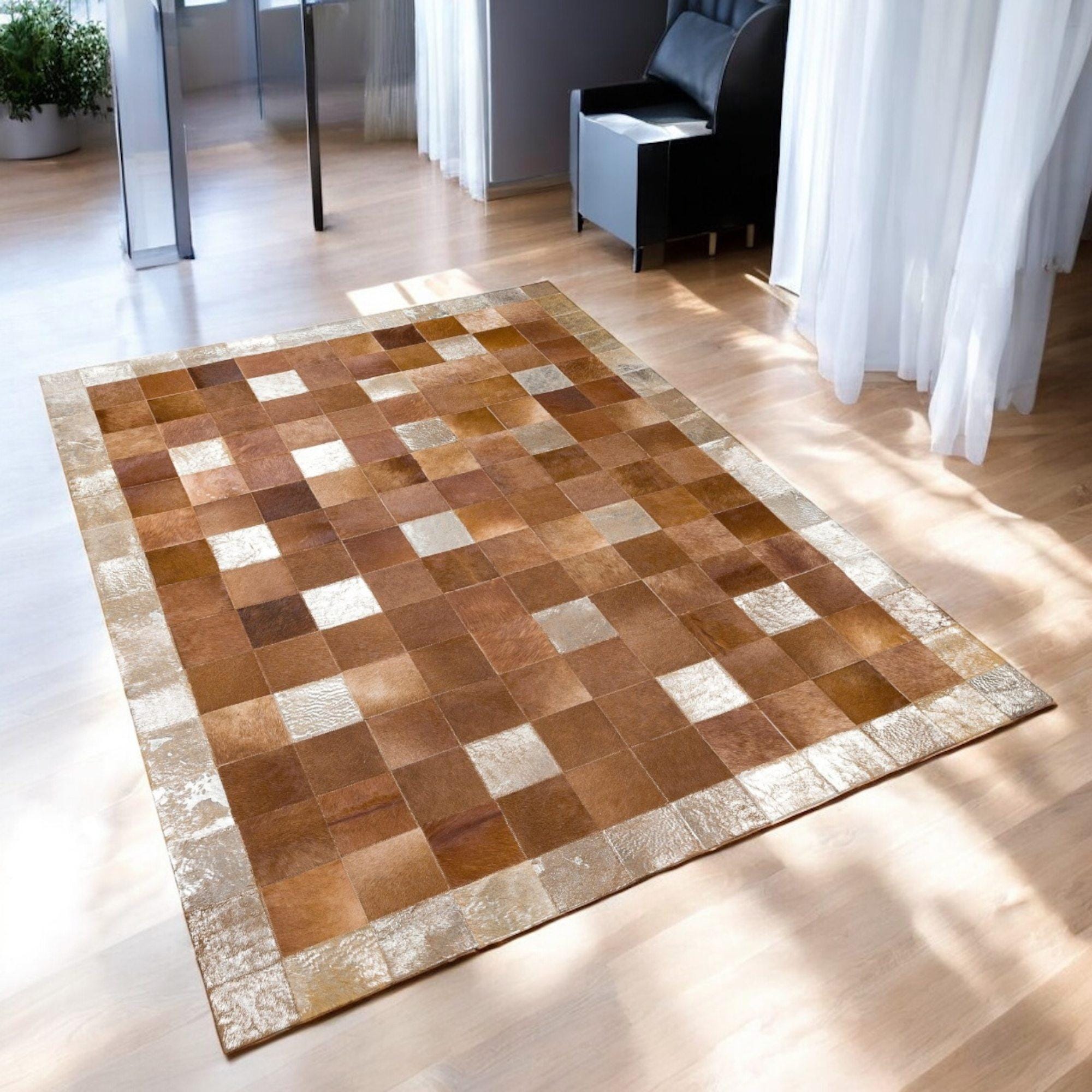 Natural Cowhide Patchwork Rug, Brown Cowhide Floor Rug