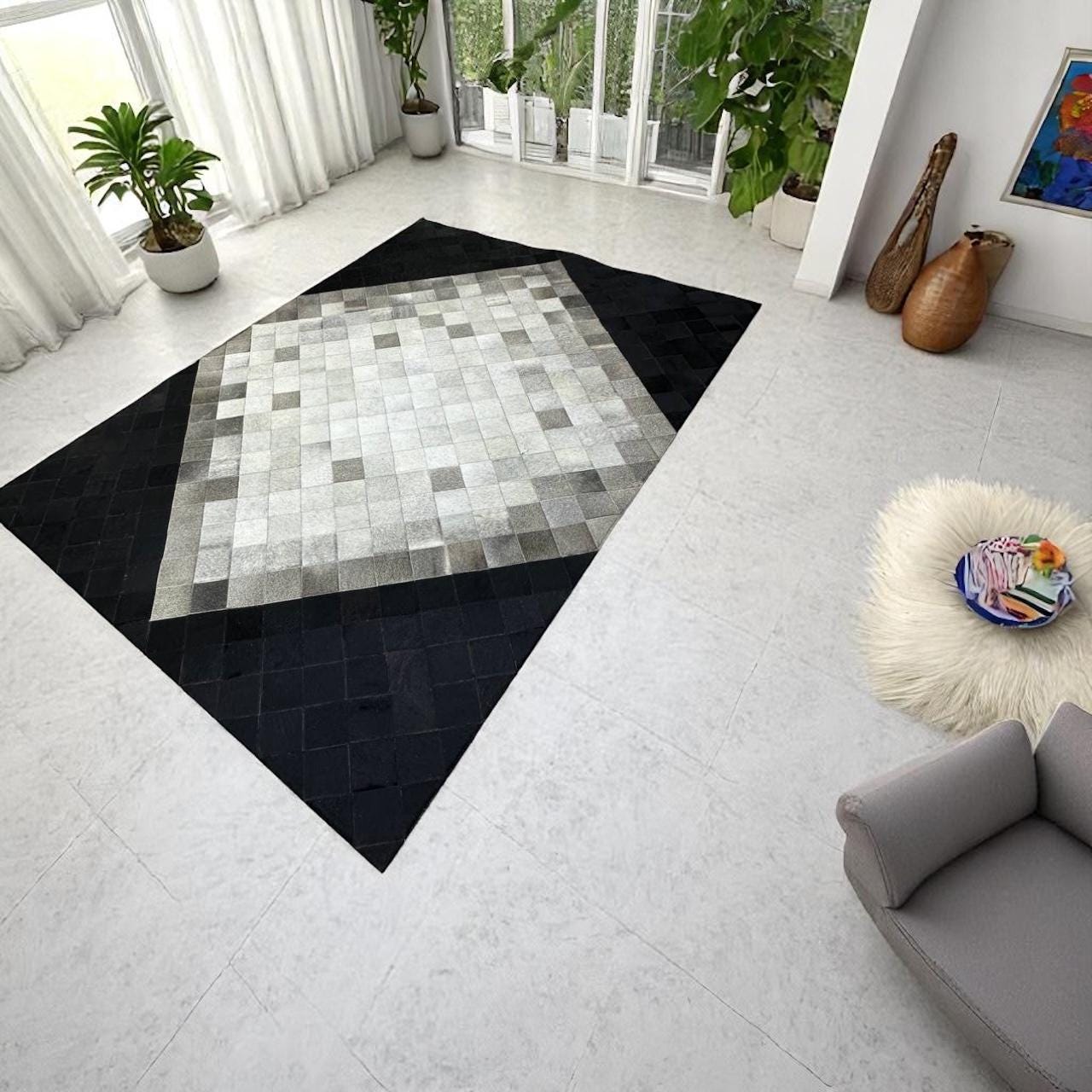 Grey Area Rug, Genuine Cowhide Patchwork Carpet