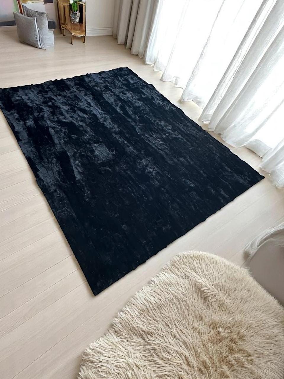 Black Color Rabbit Fur Area Rug