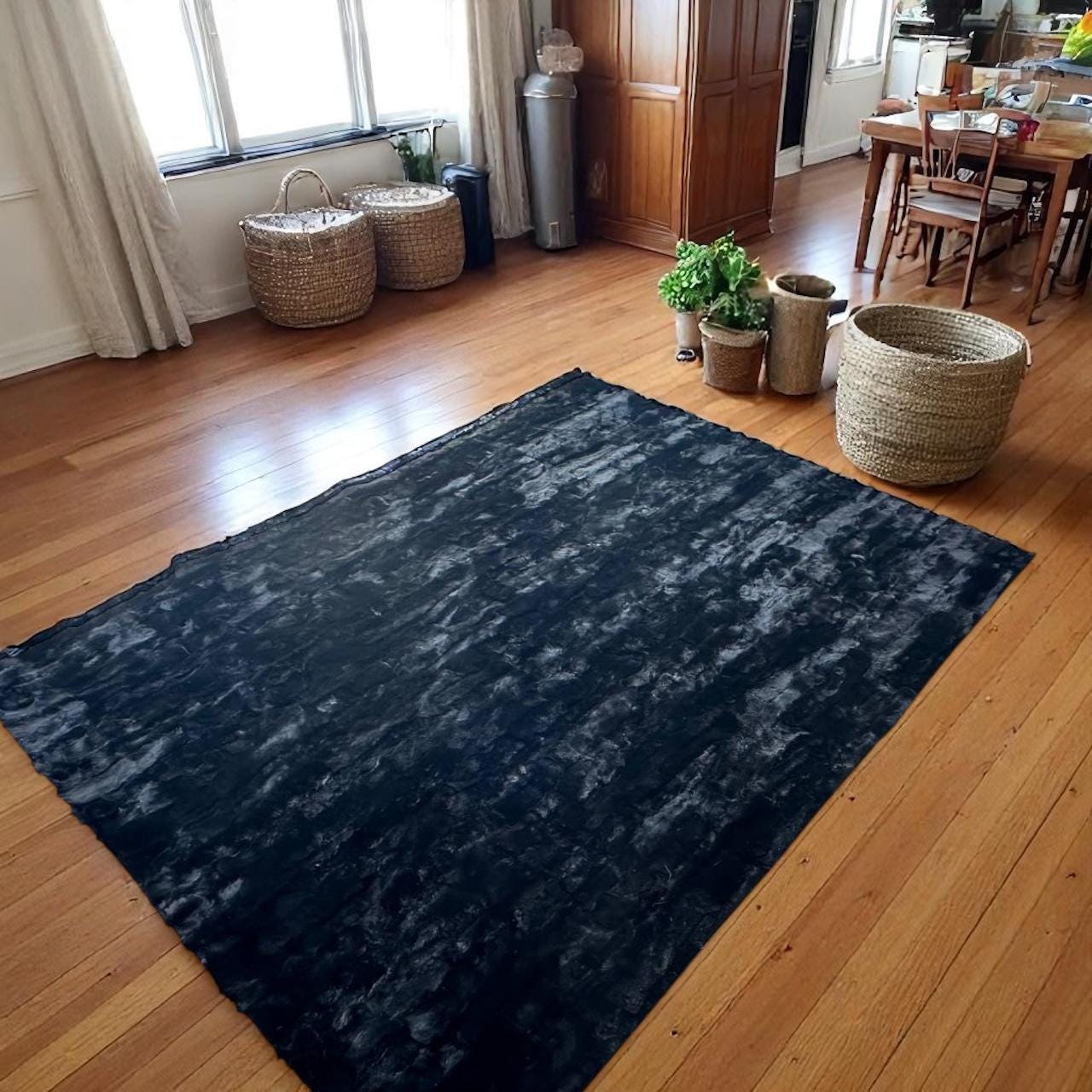 Black Rex Rabbit Fur Rug, Handmade Luxury Soft Carpet for Living Room and Bedroom