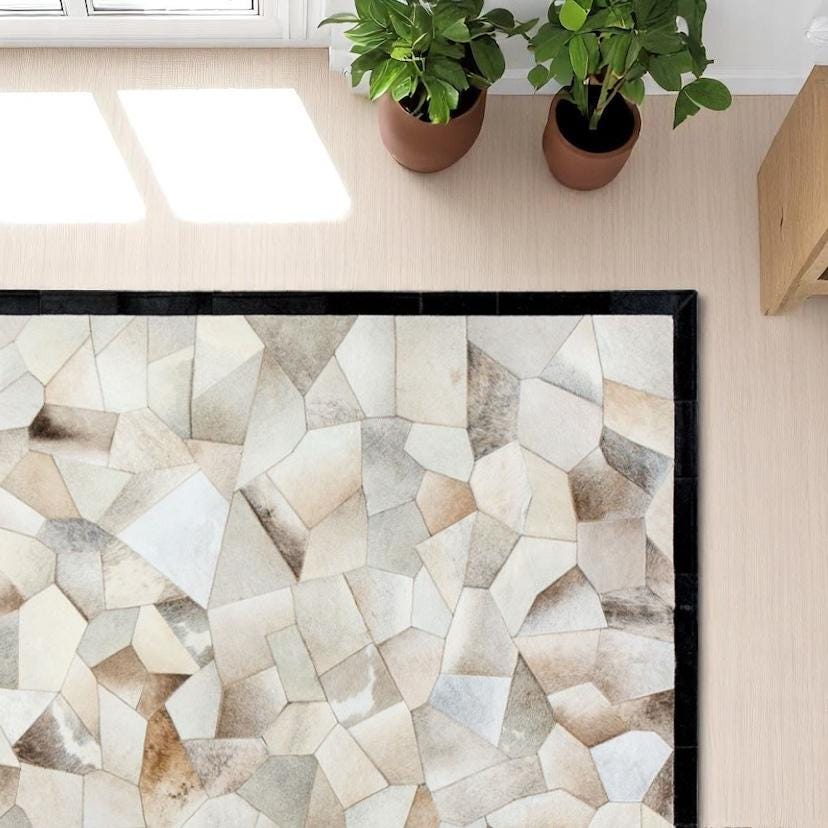 Cowhide Patchwork Rug, Brown Calfskin Floor Rug