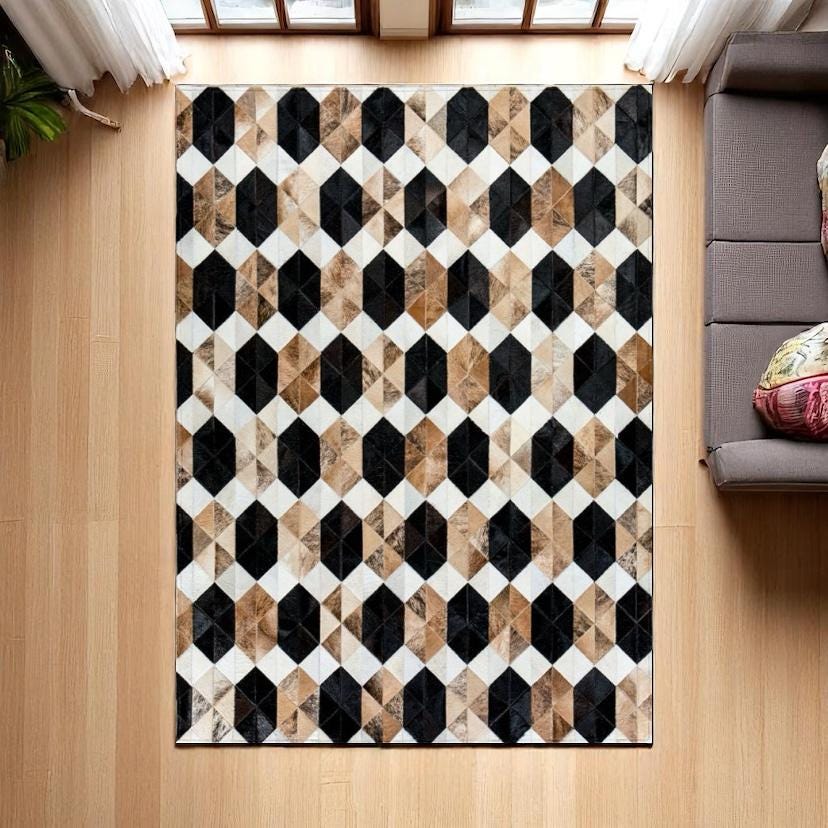 Cowhide Patchwork Rug, Brown Calfskin Floor Rug, Handmade Living Room Carpet