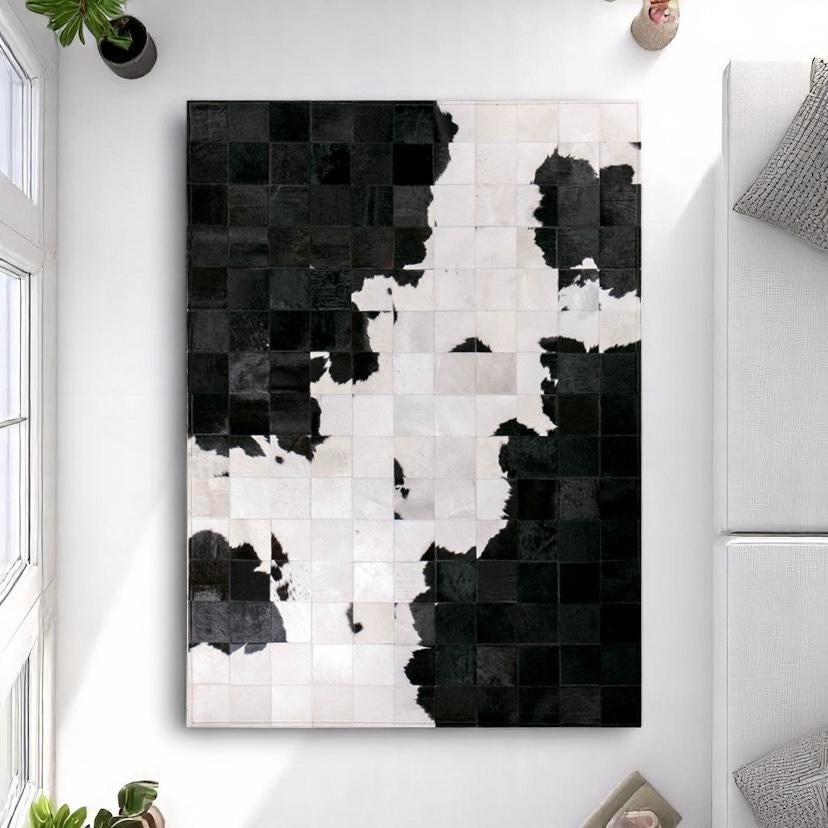 Black And White Large Area Rug Cowhide Area Rug, Genuine Calfskin Patchwork Carpet, Luxury Black Living Room Rug Custom Size Available
