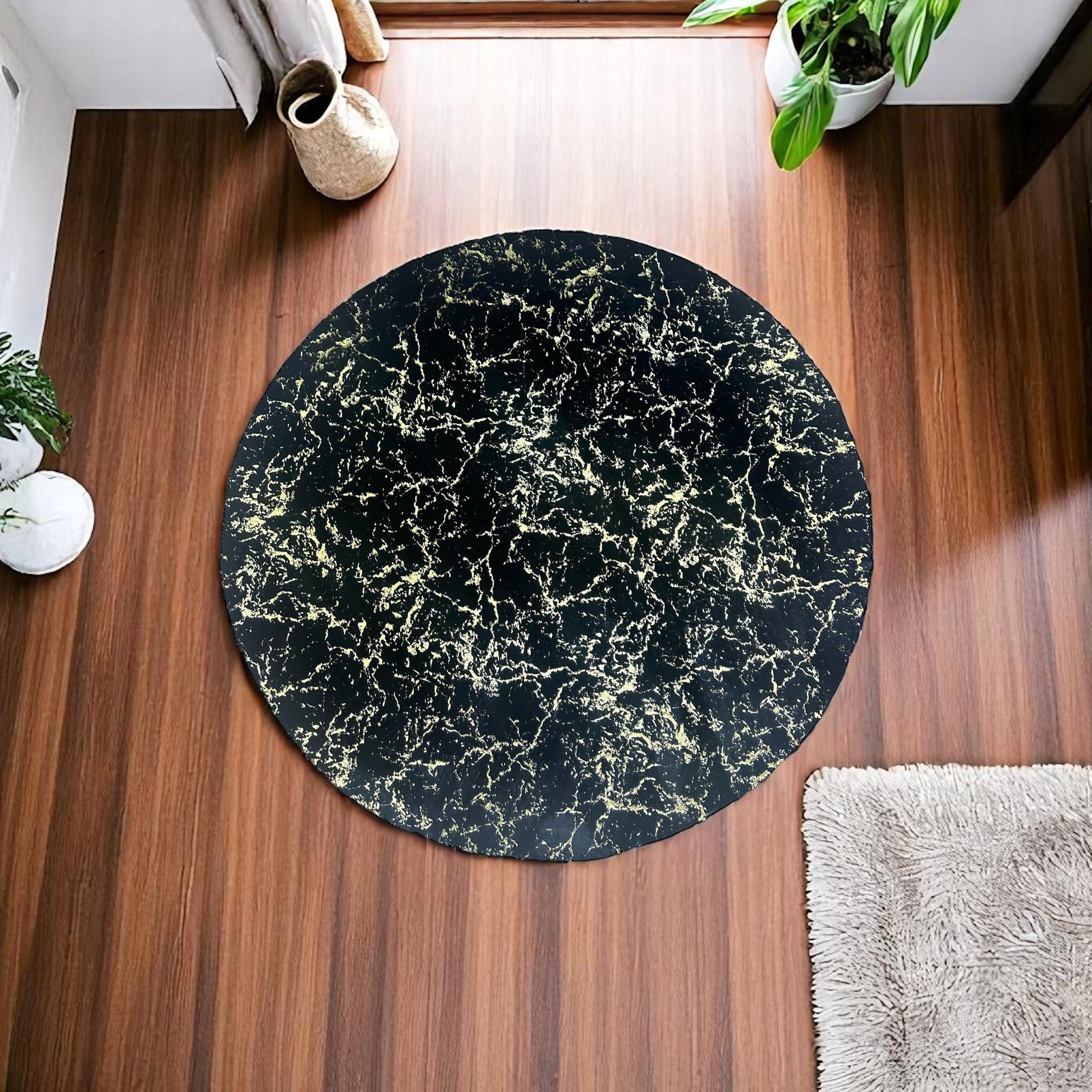 Round Black Marble Plush Rug, Soft Circle Carpet for Living Room, Bedroom, Bathroom