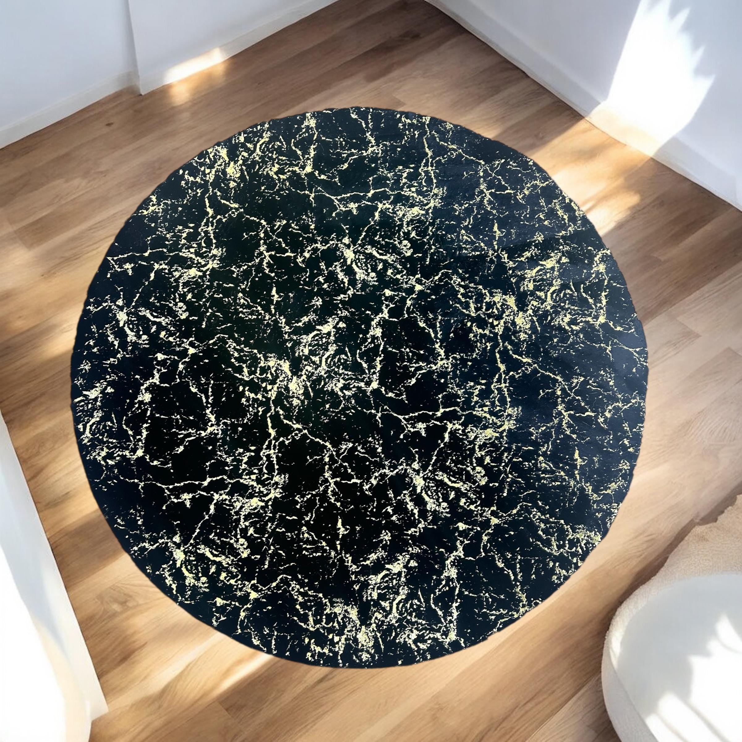 Round Black Marble Plush Rug, Soft Circle Carpet for Living Room, Bedroom, Bathroom