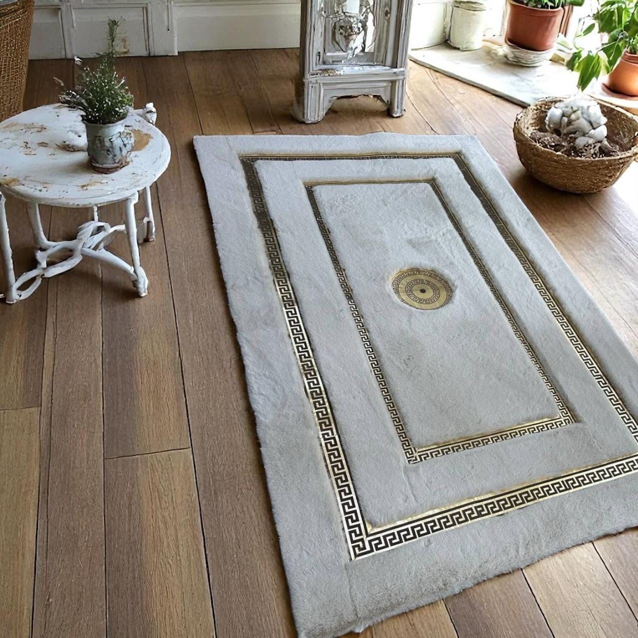 Gray Plush Fur Rug with Gold Frame, Handmade Living Room Carpet